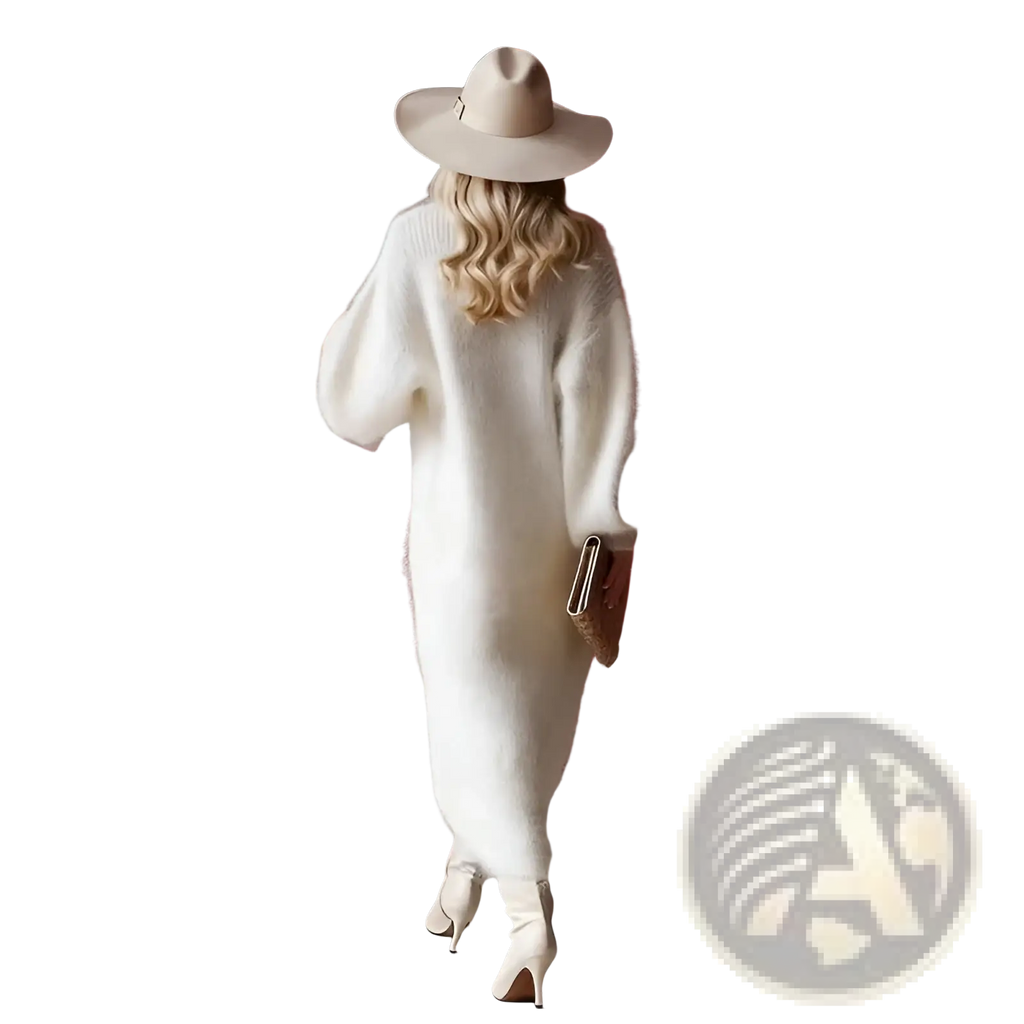 A plush white v neck button split knit maxi dress with long sleeves and a flowing silhouette in soft knit material