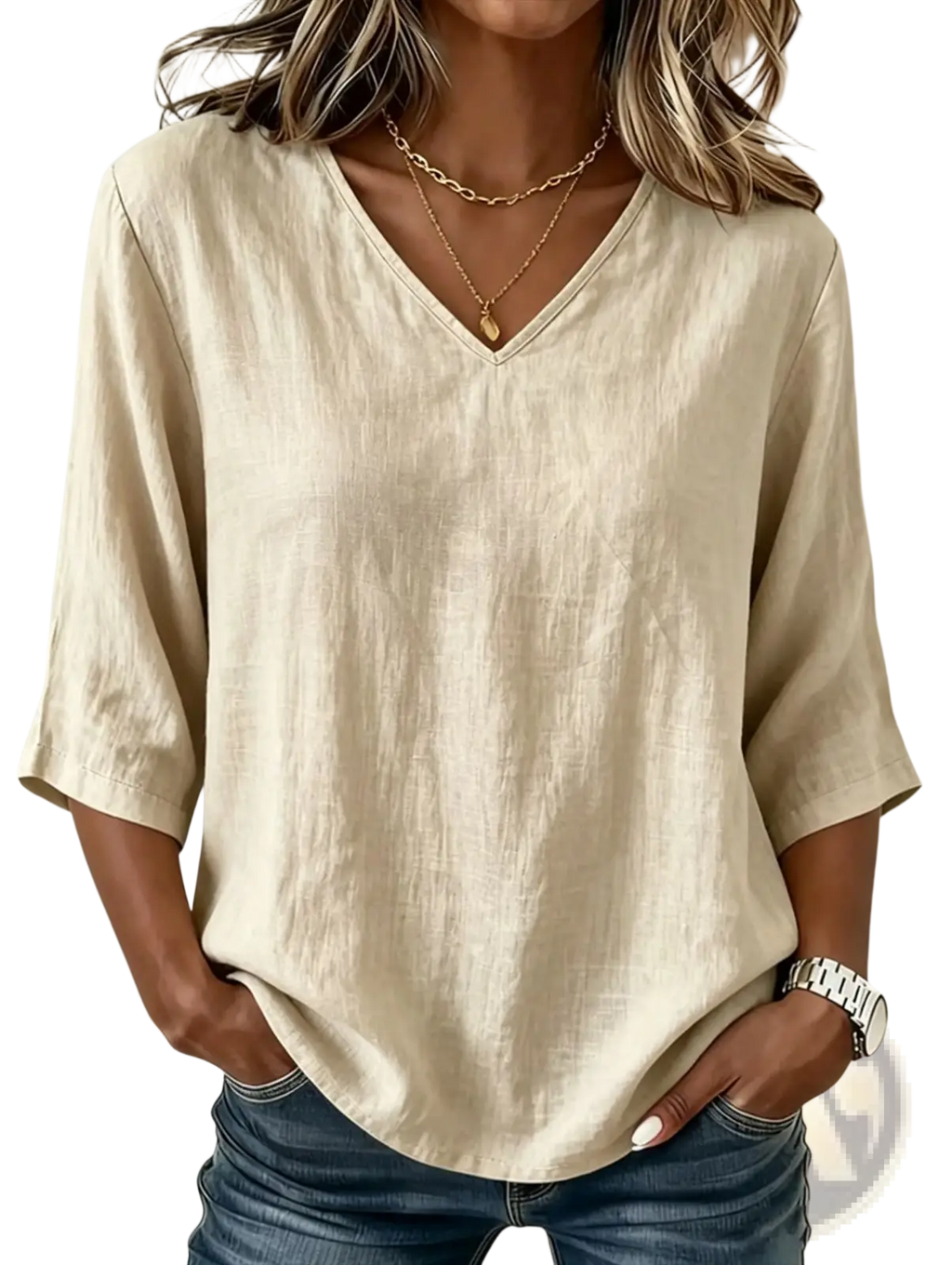 Beige linen v-neck casual top with three-quarter sleeves suitable for everyday wear