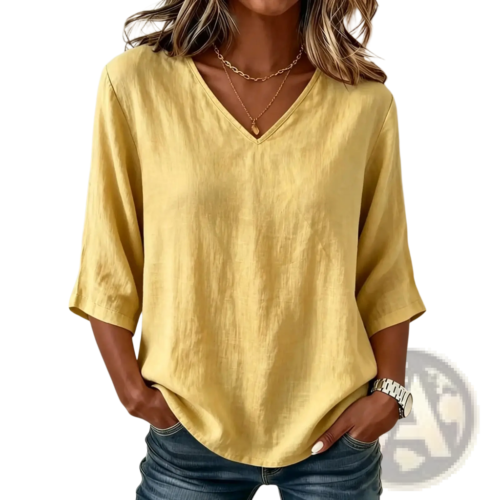 Yellow v neck casual top with three quarter sleeves made of lightweight slightly textured fabric