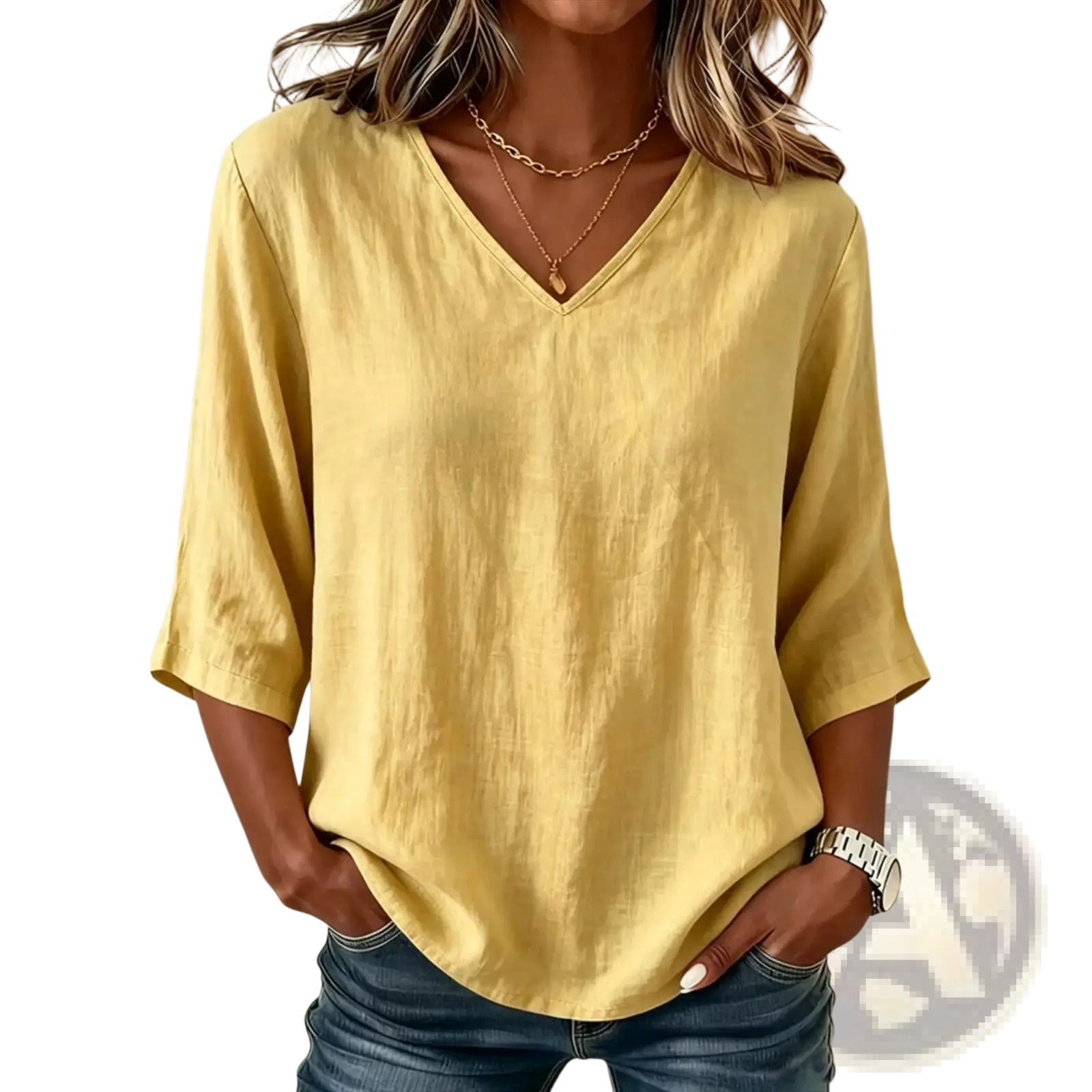 Yellow v neck casual top with three quarter sleeves made of lightweight slightly textured fabric