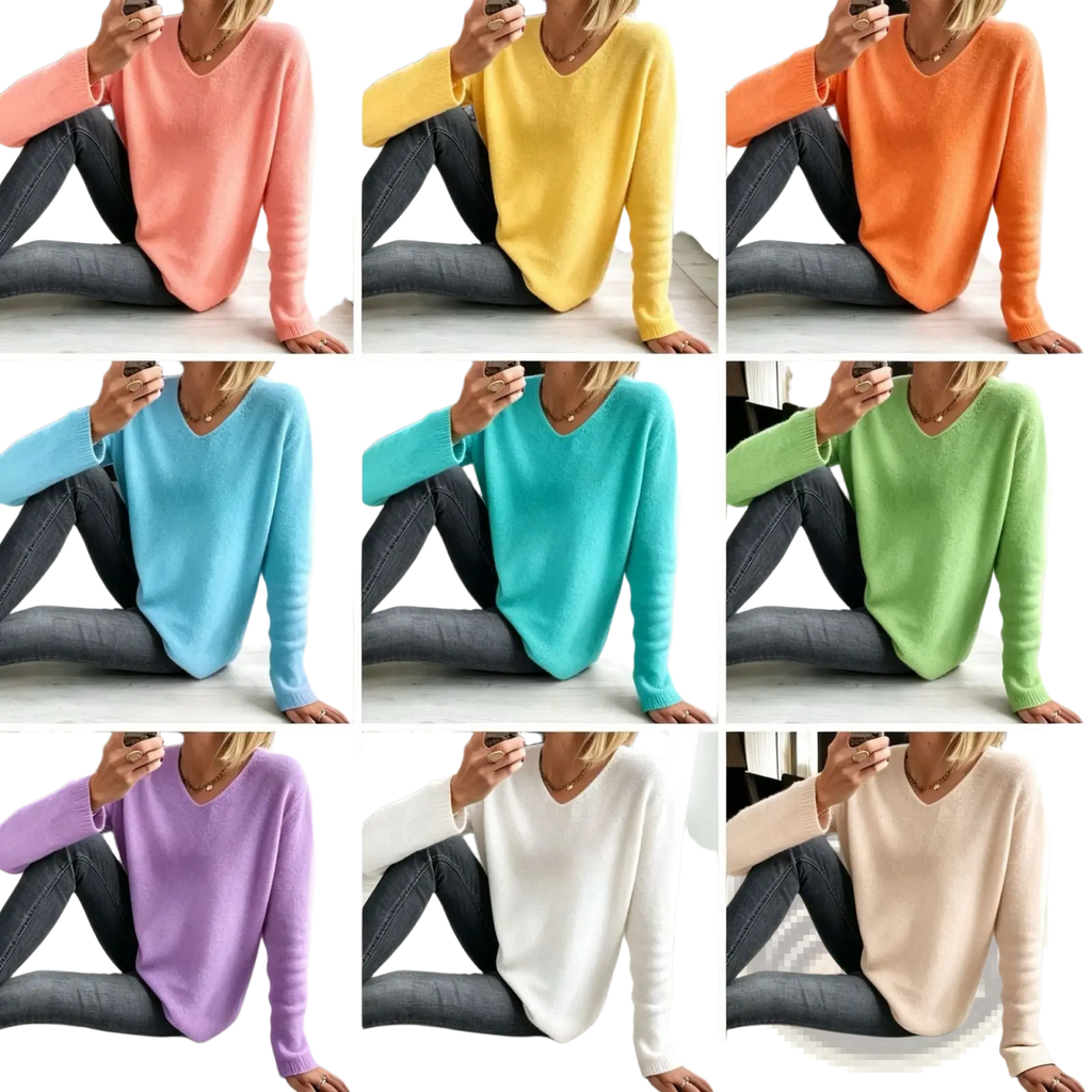 V-neck drop-shoulder knit sweater in soft long-sleeved pastel and bright solid colors made of comfortable fabric