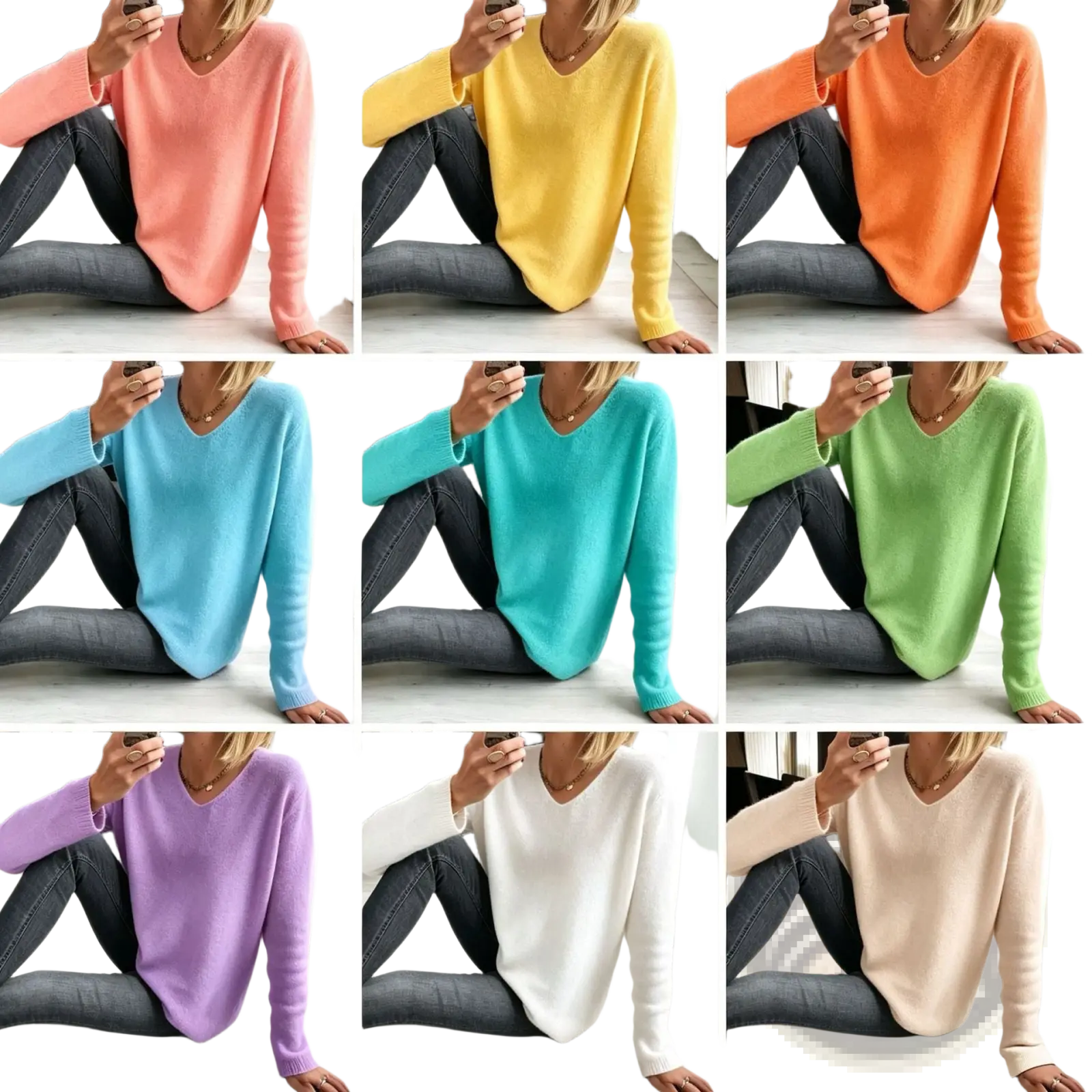 V-neck drop-shoulder knit sweater in soft long-sleeved pastel and bright solid colors made of comfortable fabric