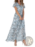 A flowing light blue floral maxi summer dress with v-neckline and ruffled short sleeves