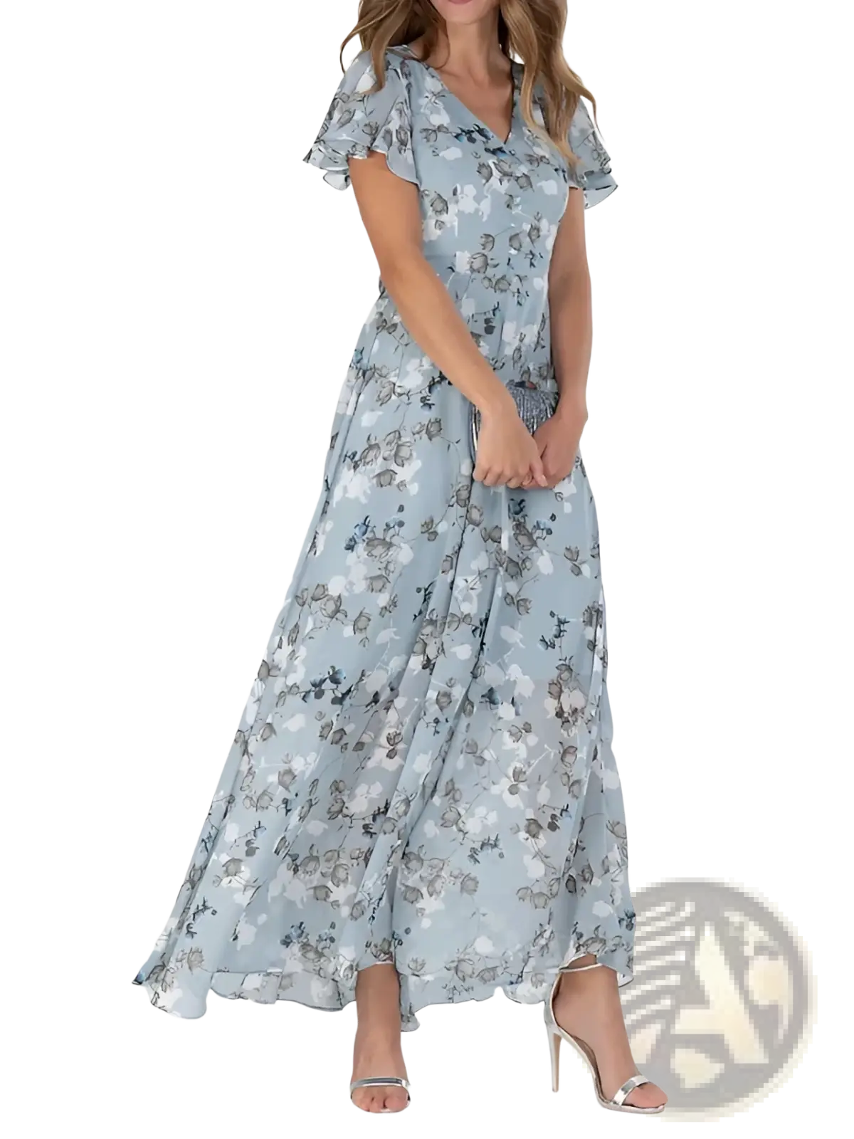 A flowing light blue floral maxi summer dress with v-neckline and ruffled short sleeves