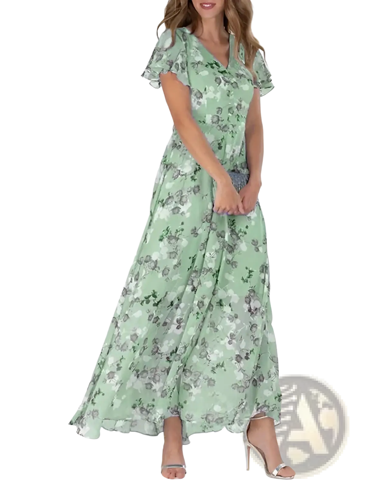 A flowing mint green V-neck floral ruffle maxi summer dress with delicate gray and white patterns and flutter sleeves