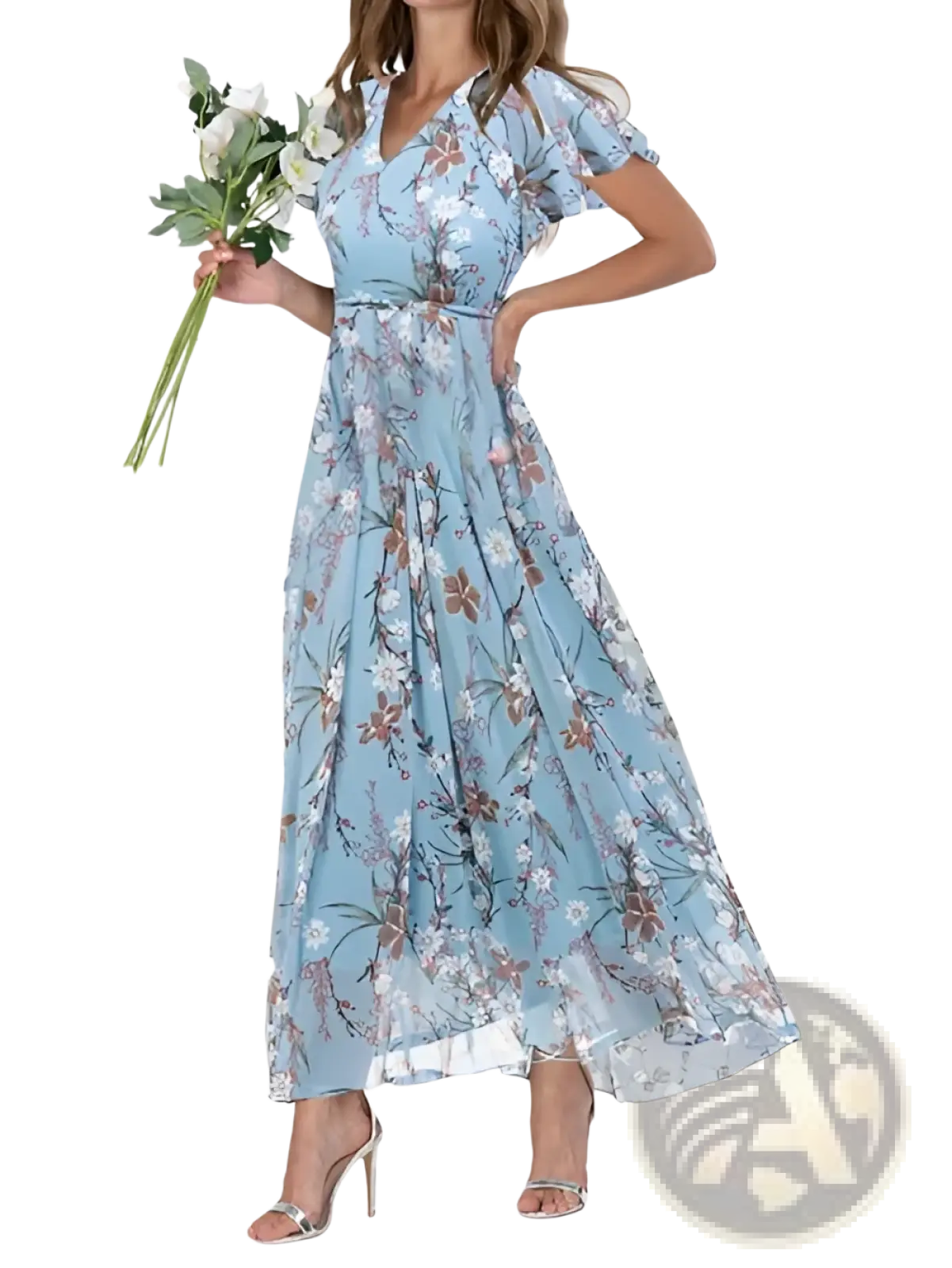 V-neck floral ruffle maxi summer dress in light blue sheer fabric with white brown and purple flower patterns and flutter sleeves
