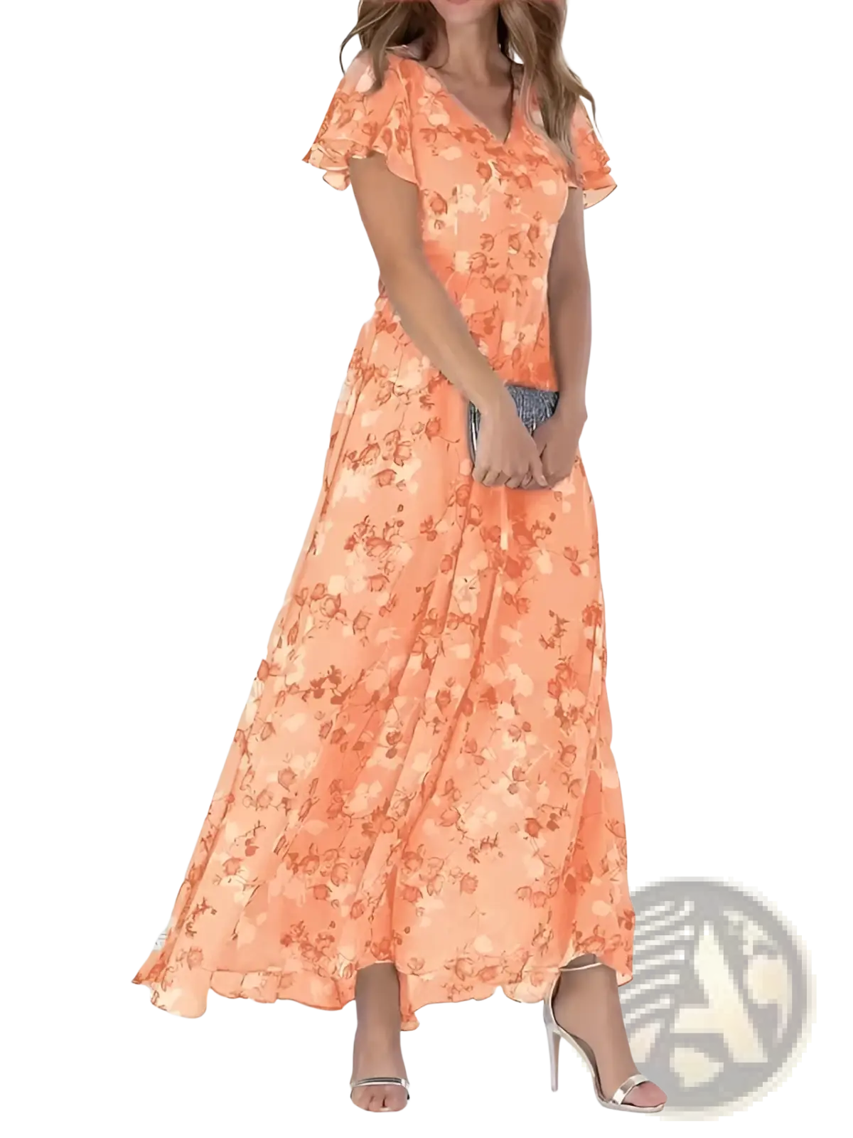 A flowing peach-colored v-neck floral ruffle maxi summer dress with delicate pattern and ruffled short sleeves