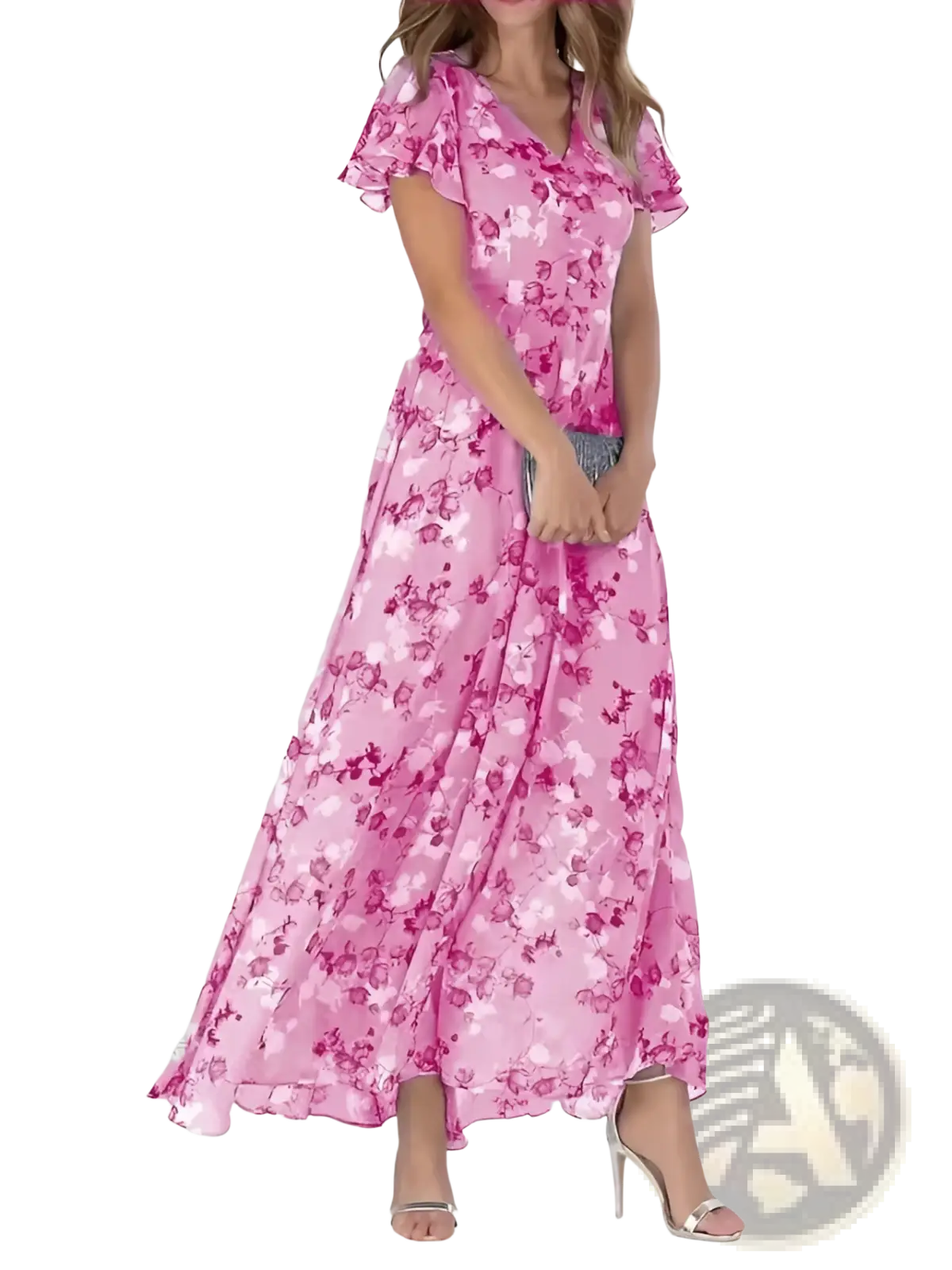 A flowing pink floral maxi summer dress with v-neckline and ruffled short sleeves perfect for warm weather events