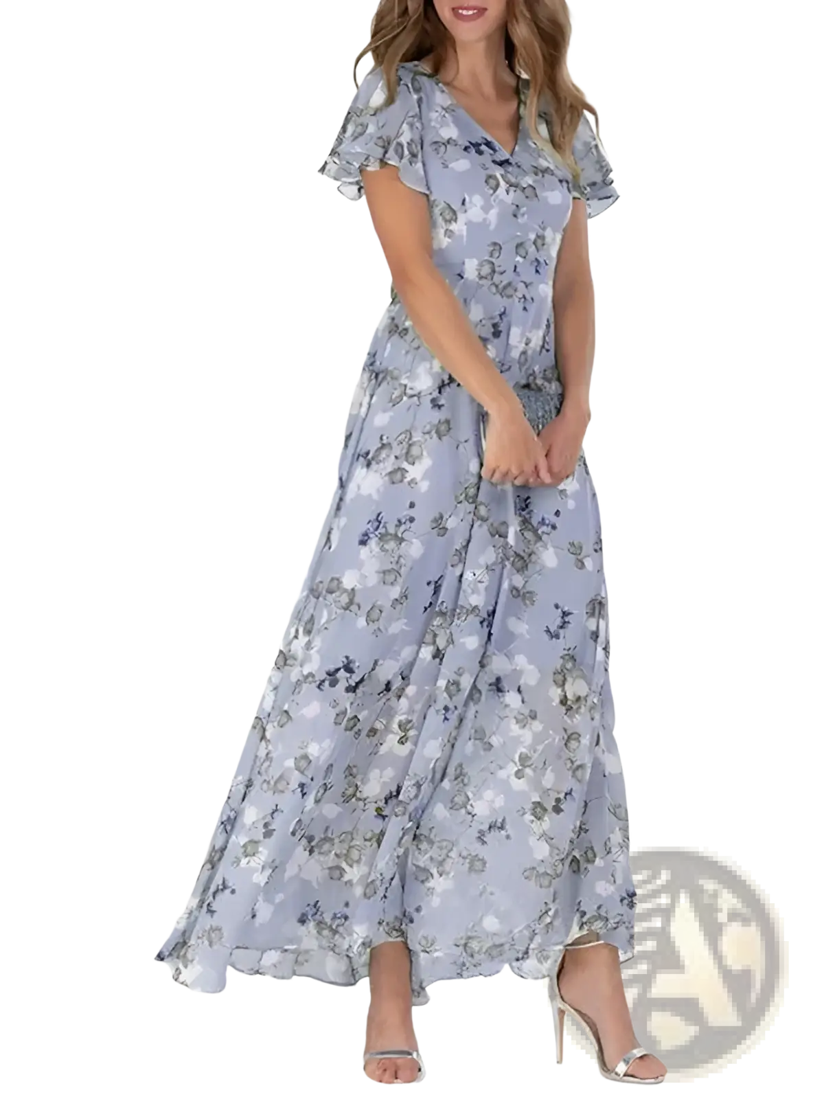 A flowing lavender floral maxi summer dress with v-neckline and ruffled short sleeves made of lightweight fabric