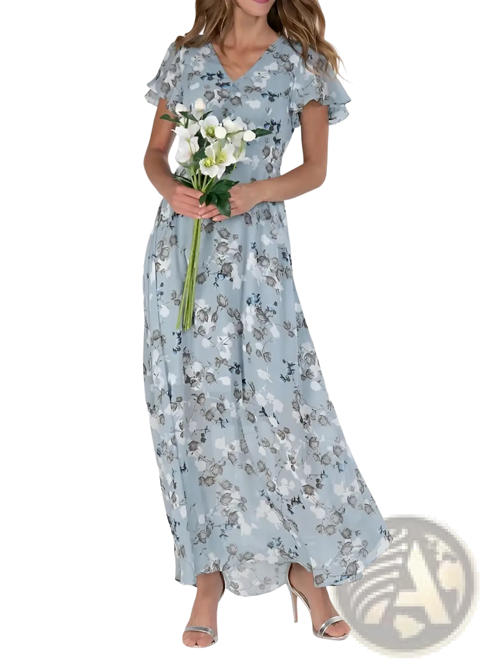 A flowing light blue floral maxi dress with short flutter sleeves and a v-neckline perfect for summer wear
