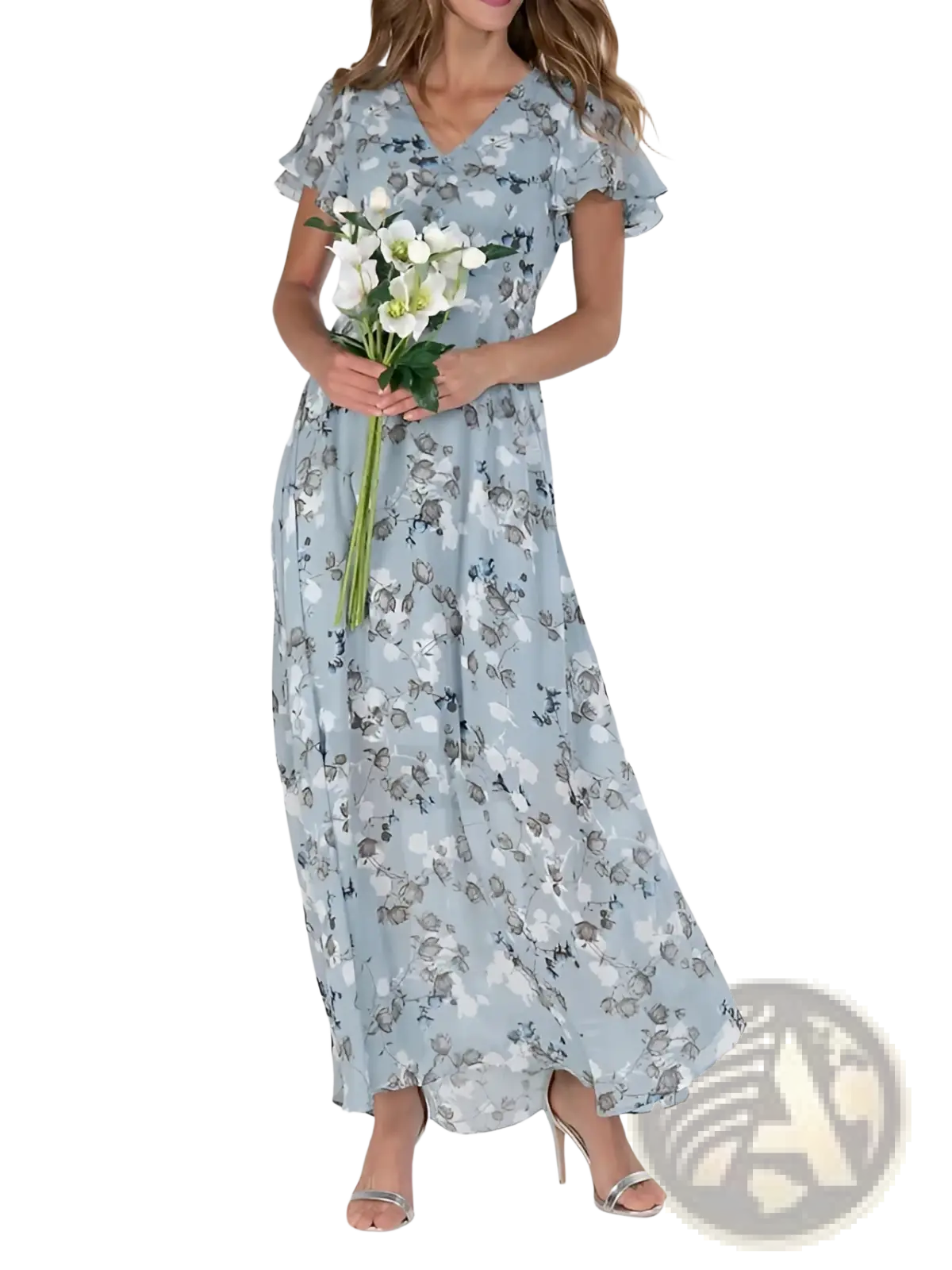 A flowing light blue floral maxi dress with short flutter sleeves and a v-neckline perfect for summer wear