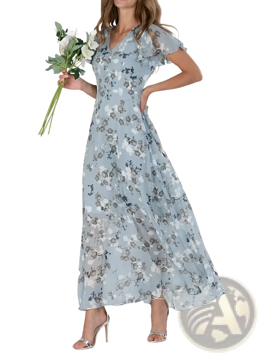 A flowing light blue floral maxi summer dress with v-neckline and delicate ruffled sleeves perfect for warm weather