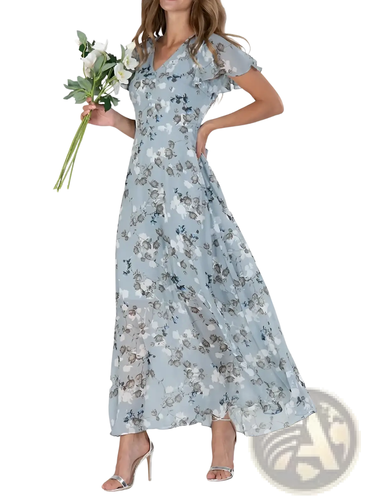 A flowing light blue floral maxi summer dress with v-neckline and delicate ruffled sleeves perfect for warm weather