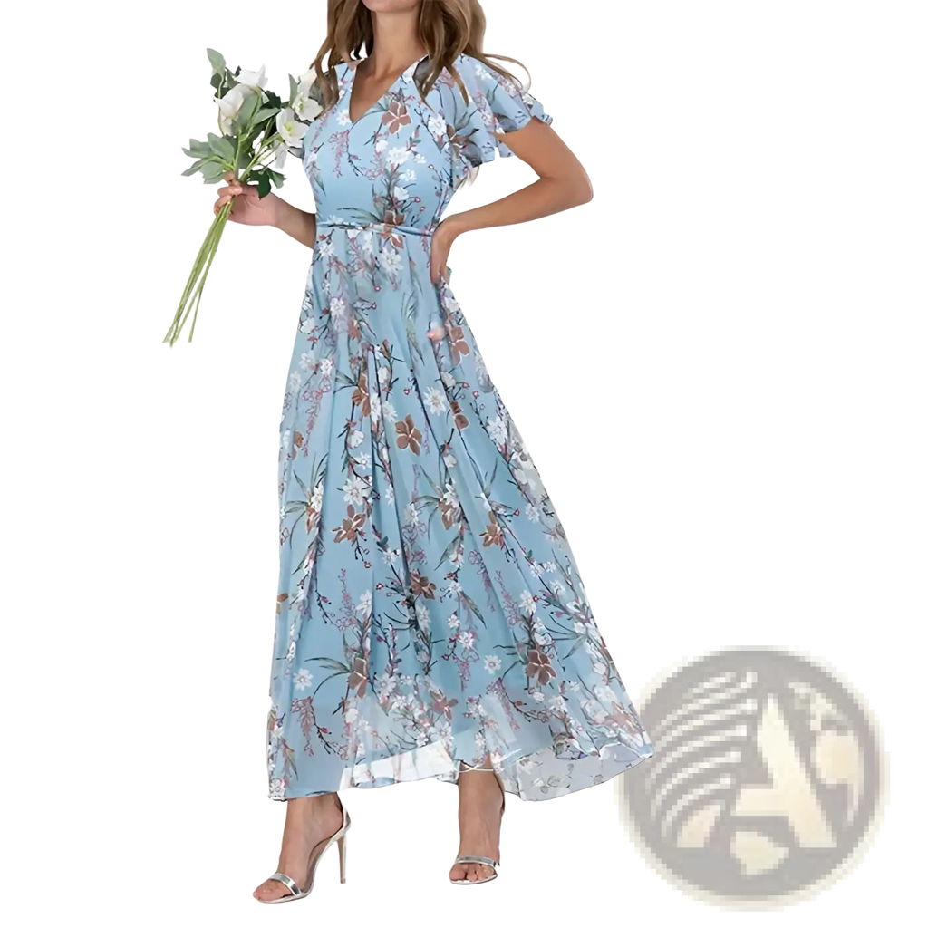 A flowing light blue floral maxidress with v-neckline and short flutter sleeves ideal for summer wear