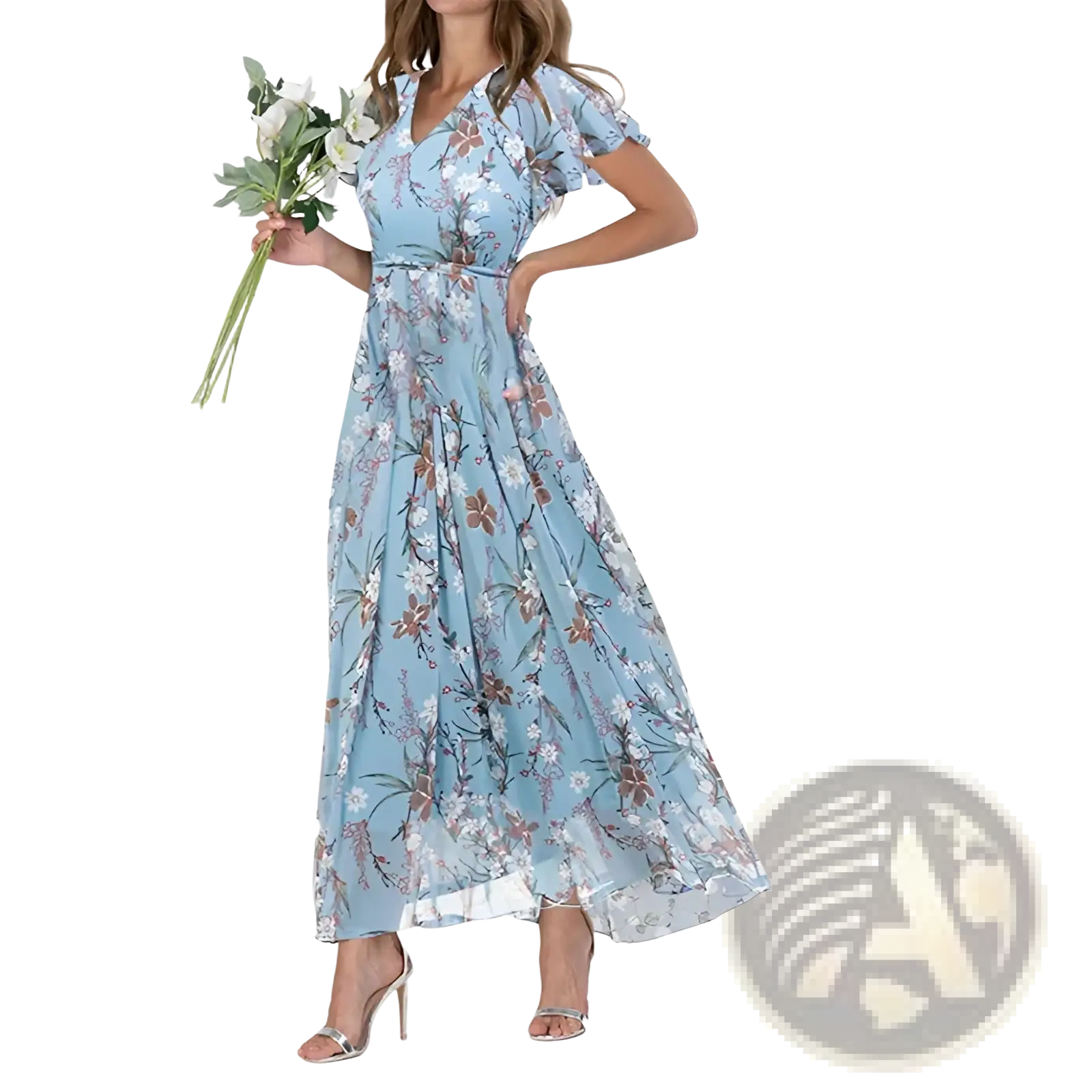 A flowing light blue floral maxidress with v-neckline and short flutter sleeves ideal for summer wear
