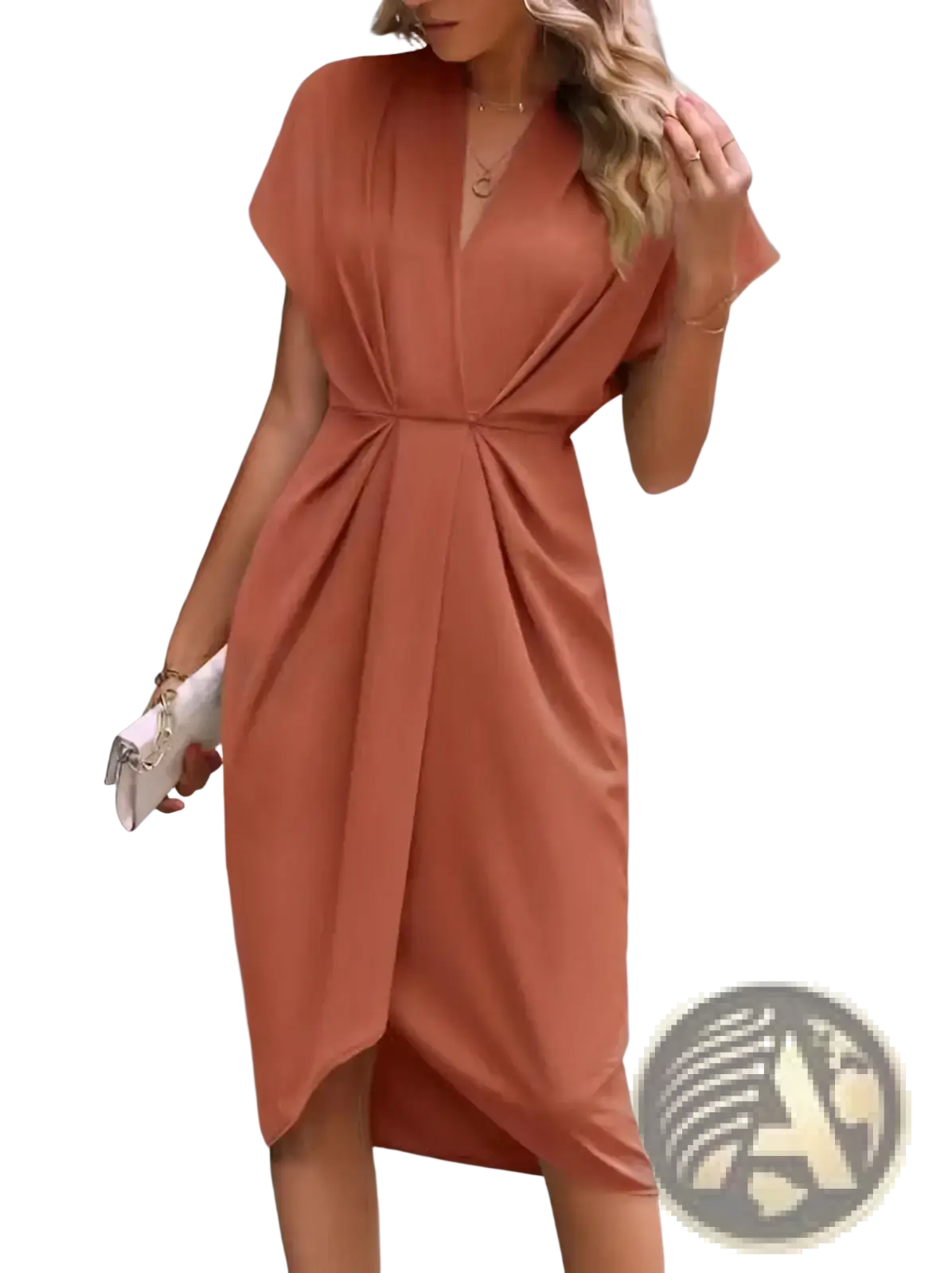 A soft peach-colored v neck flutter sleeve pleated wrap midi dress with short sleeves and a cinched waist