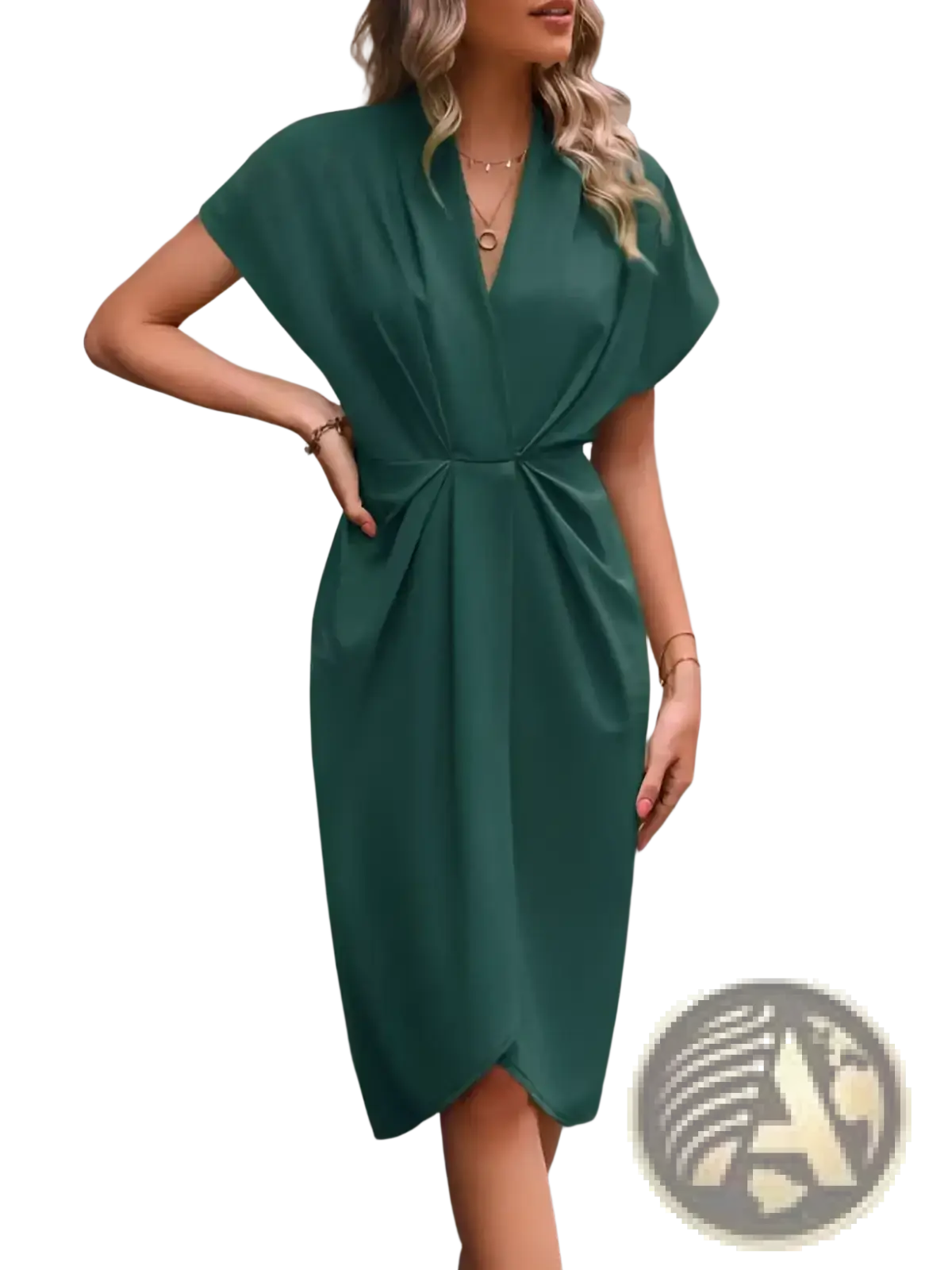 Emerald green satin v neck flutter sleeve pleated wrap midi dress with cinched waist and midi length