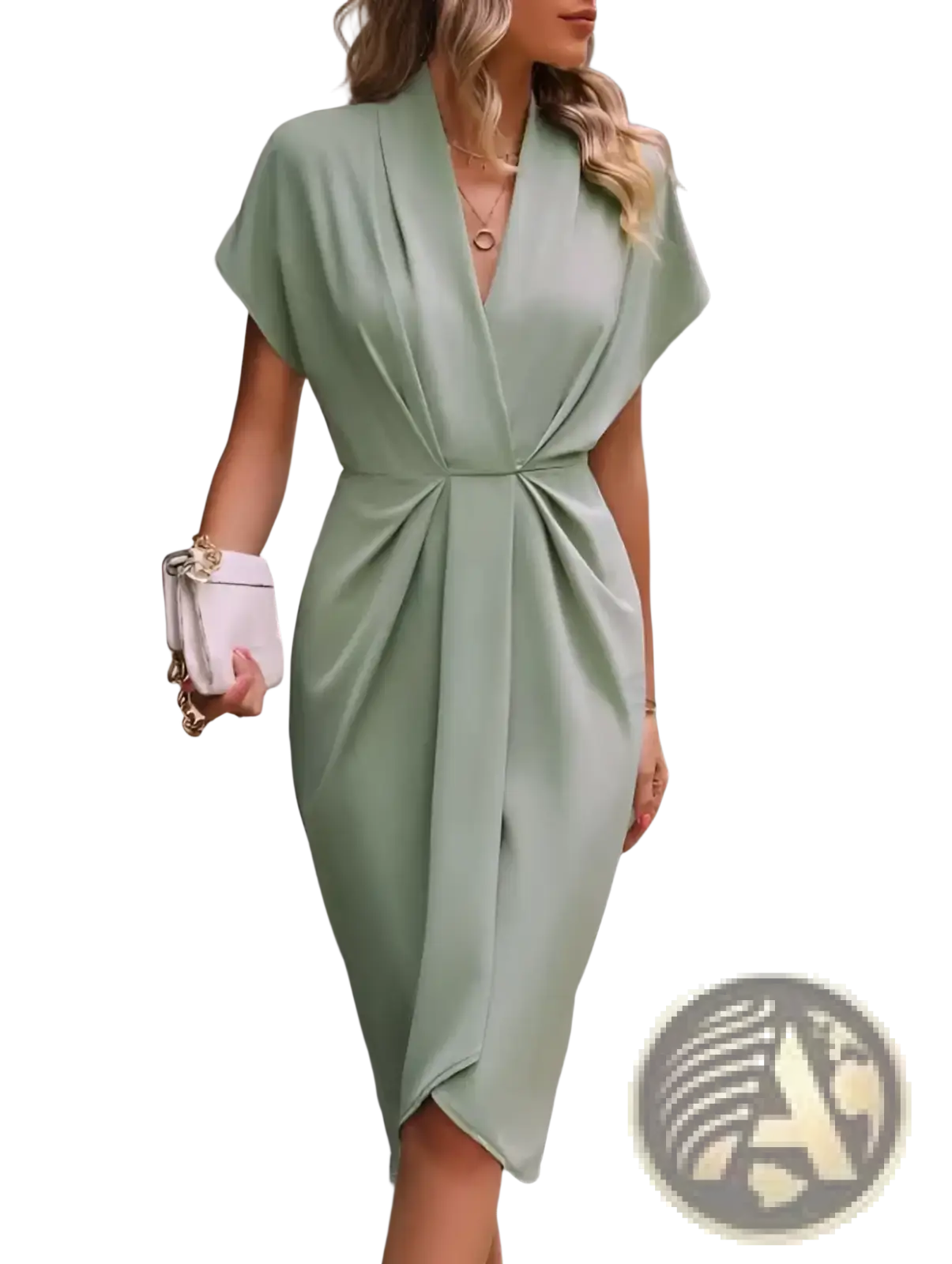 A sleek sage green satin v neck flutter sleeve pleated wrap midi dress with draped neckline and cinched waist