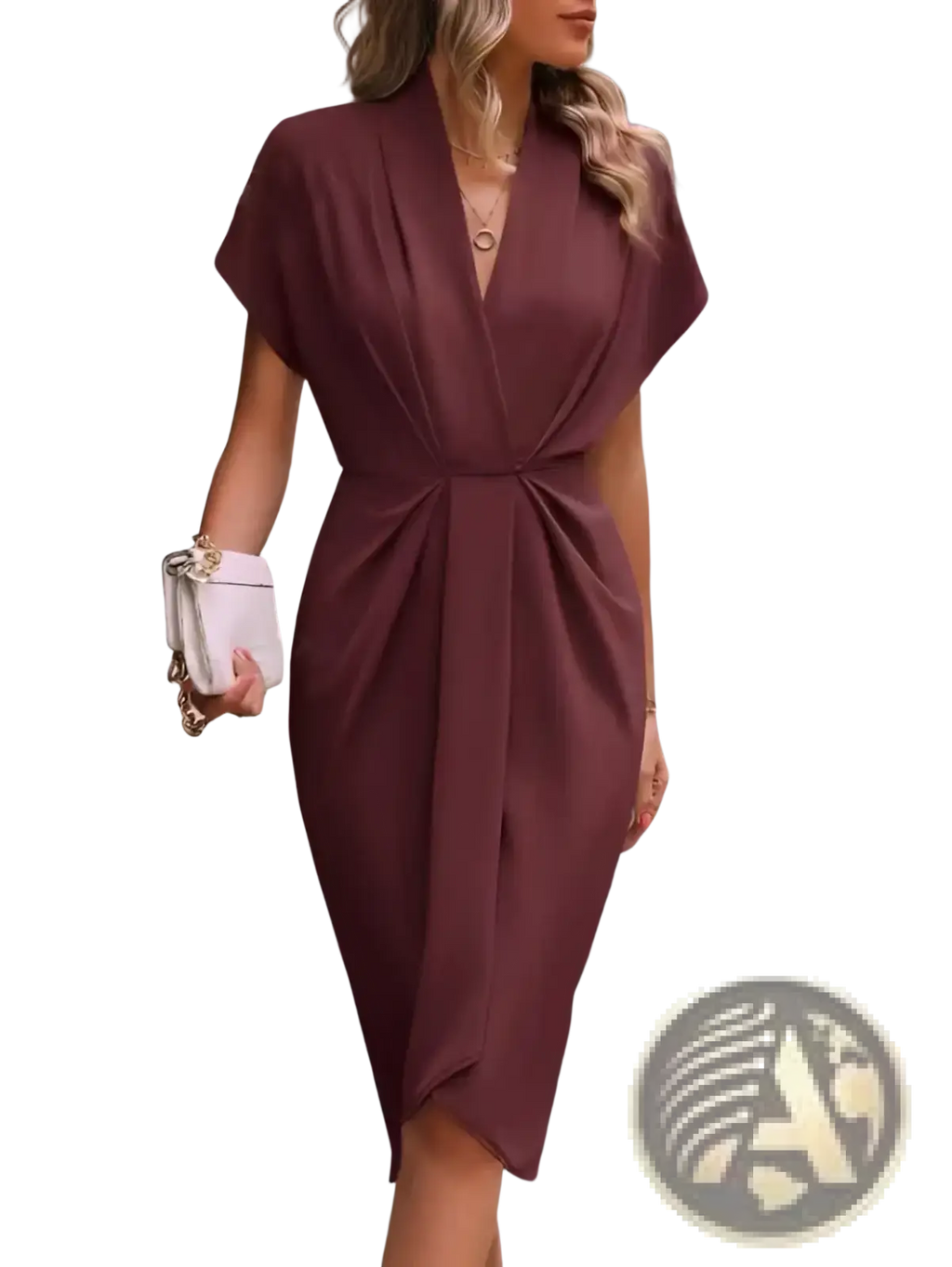 A sleek burgundy satin sheath dress with a draped v-neckline and cinched waist in a v neck flutter sleeve pleated wrap midi style