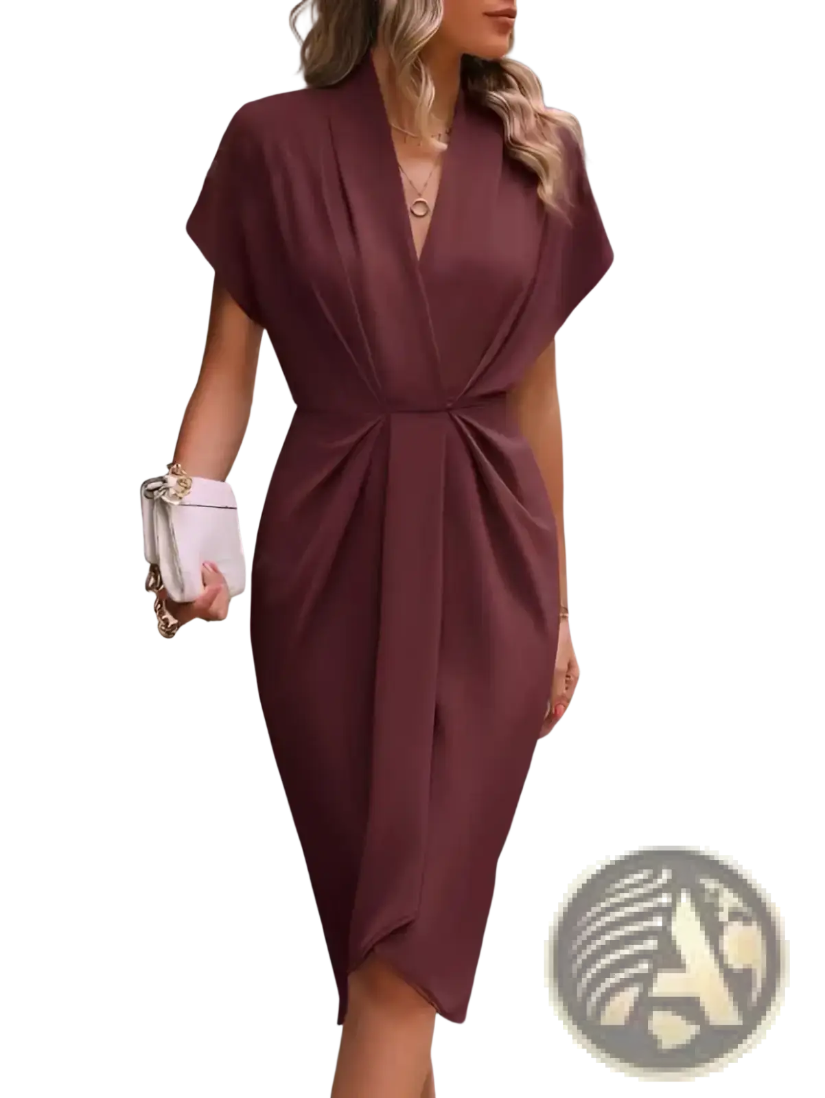 A sleek burgundy satin sheath dress with a draped v-neckline and cinched waist in a v neck flutter sleeve pleated wrap midi style