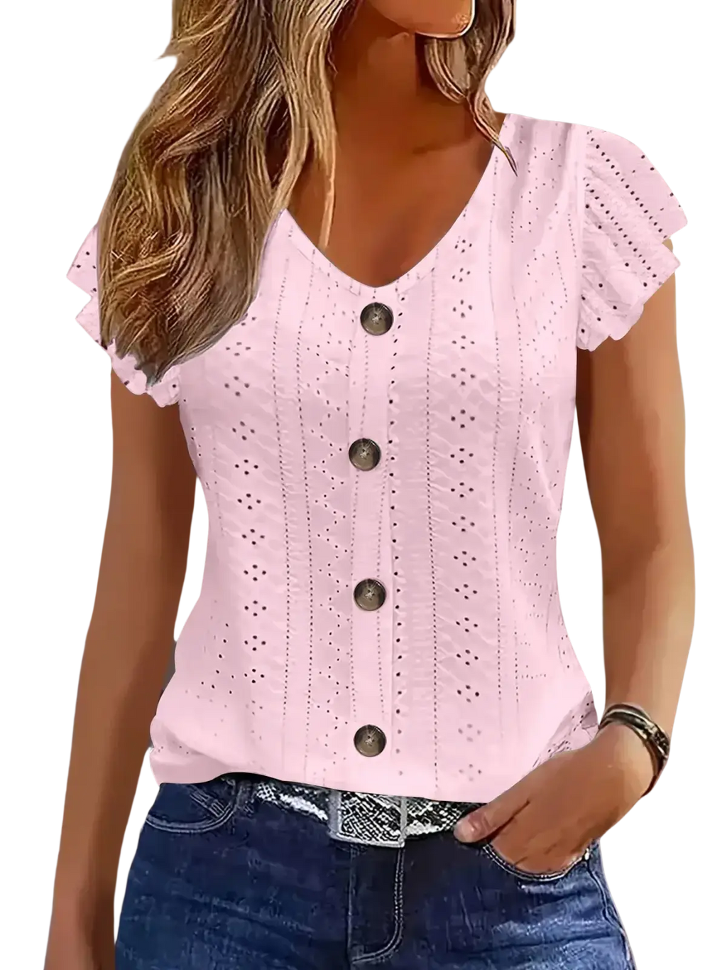 Light pink v neck knit blouse with butterfly sleeve style featuring eyelet detailing and dark buttons down the front