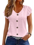 Light pink v neck knit blouse with butterfly sleeve style featuring eyelet detailing and dark buttons down the front