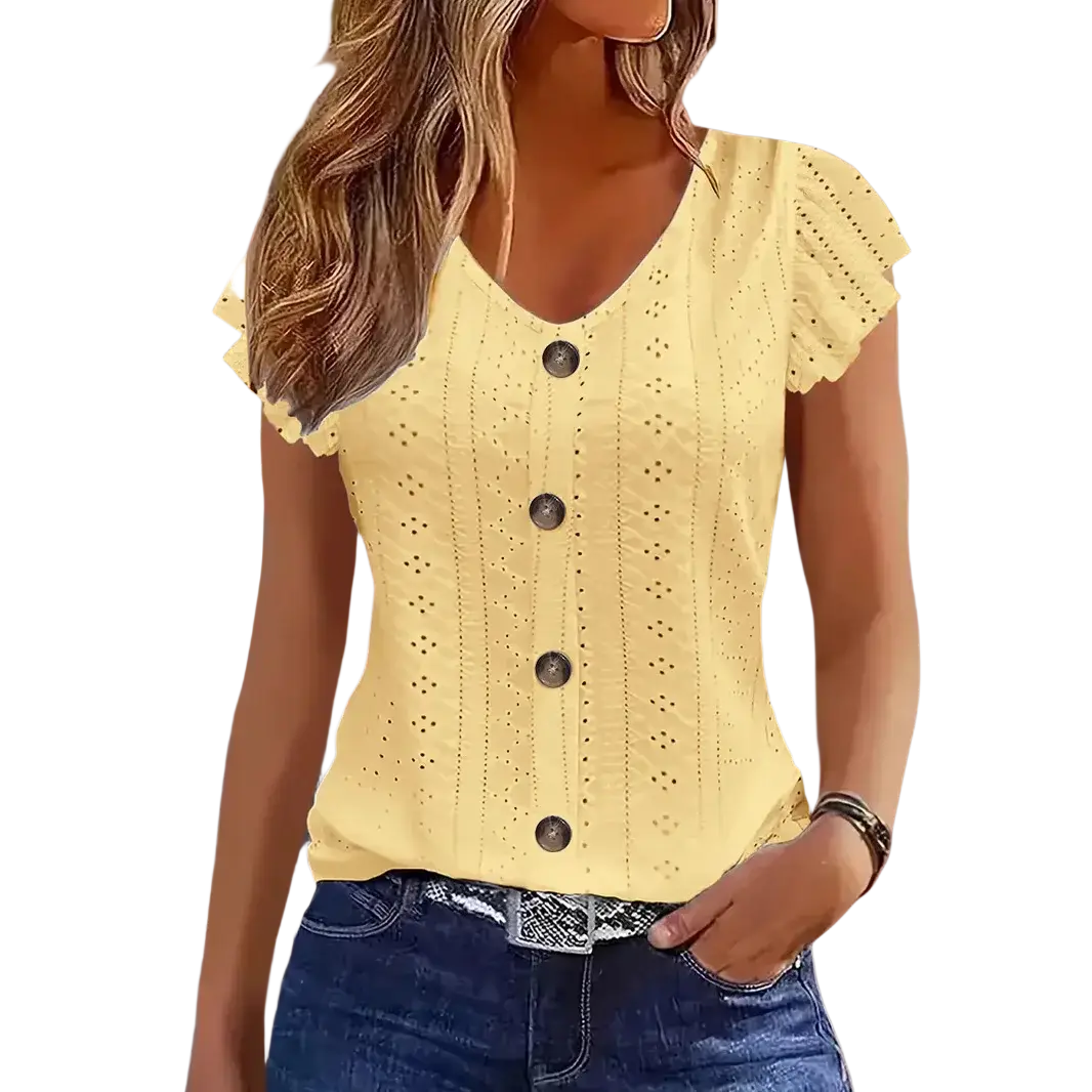 Pale yellow v neck knit blouse with butterfly sleeve style and delicate eyelet embroidery on front placket