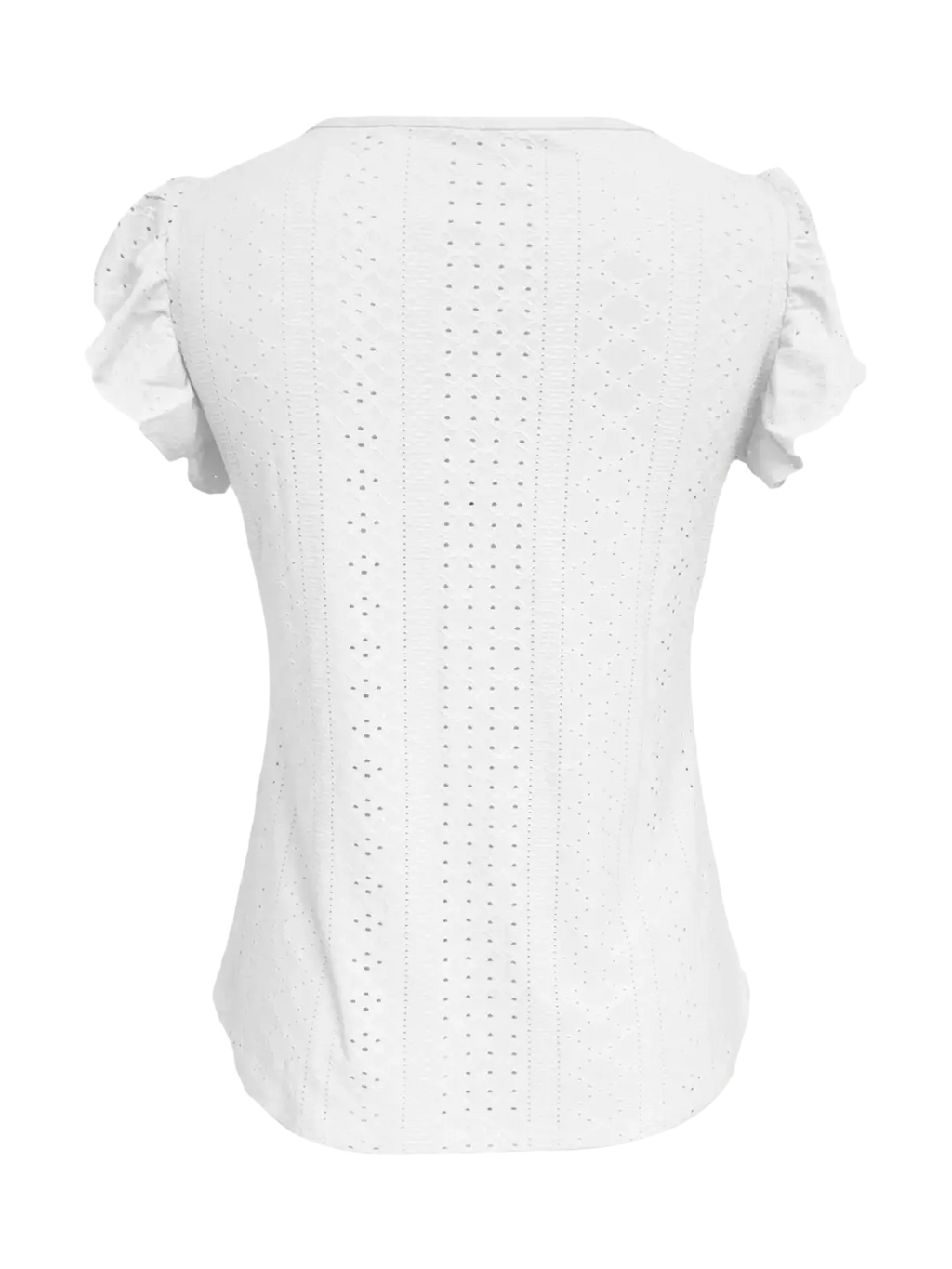 White eyelet knit blouse with v neck and butterfly sleeve style featuring ruffled short sleeves and fitted silhouette
