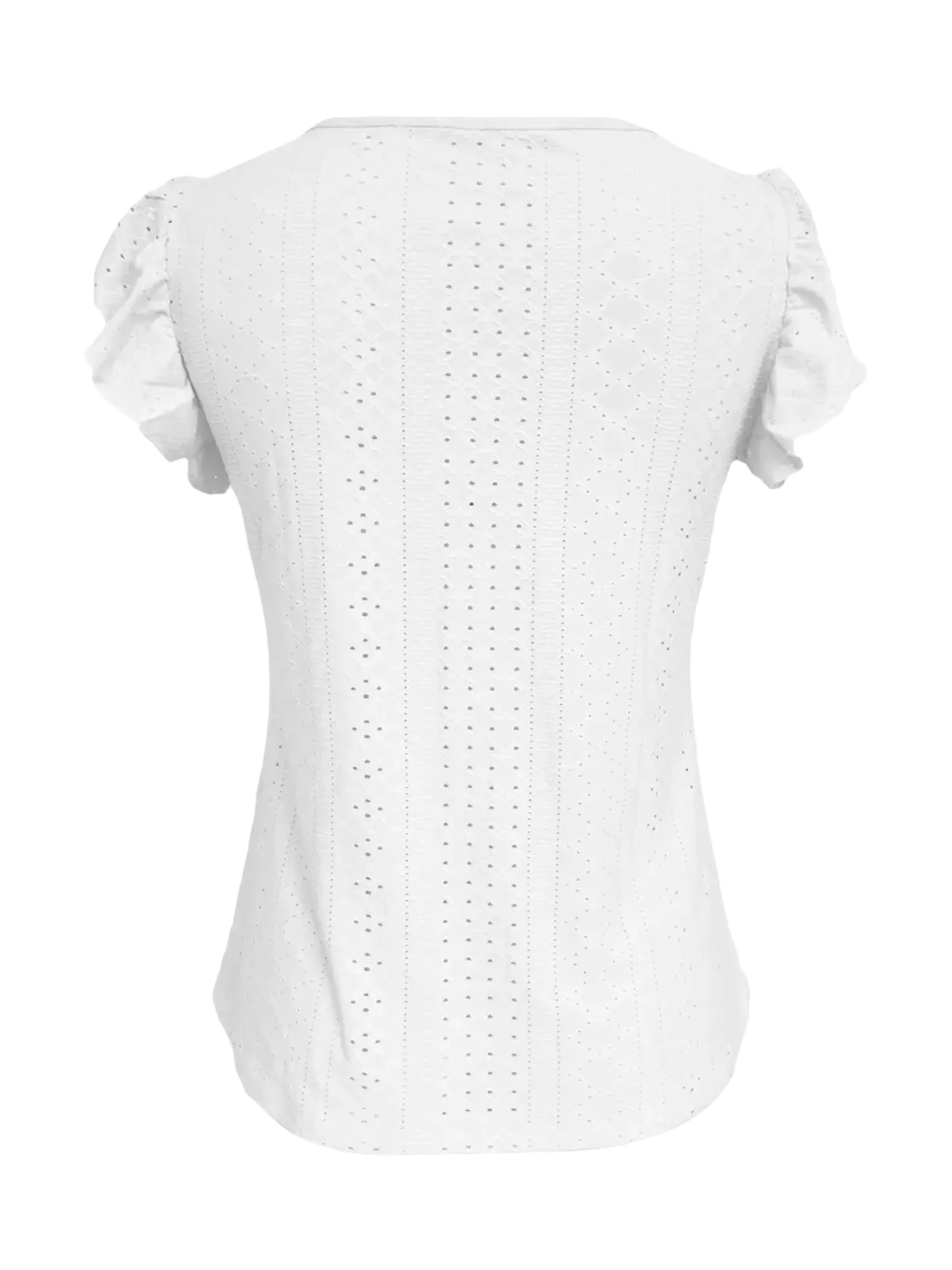 White eyelet knit blouse with v neck and butterfly sleeve style featuring ruffled short sleeves and fitted silhouette