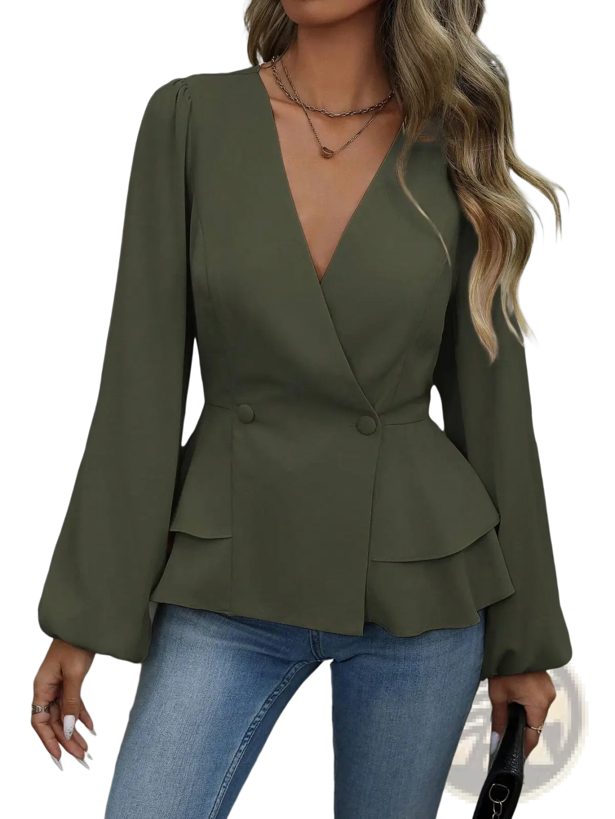 Olive green v neck long-sleeved peplum blazer jacket with double buttons perfect for formal or office wear