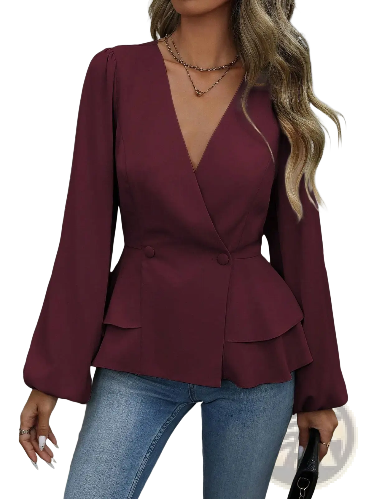 A maroon v neck peplum blazer jacket with long bell sleeves suitable for formal and professional wear