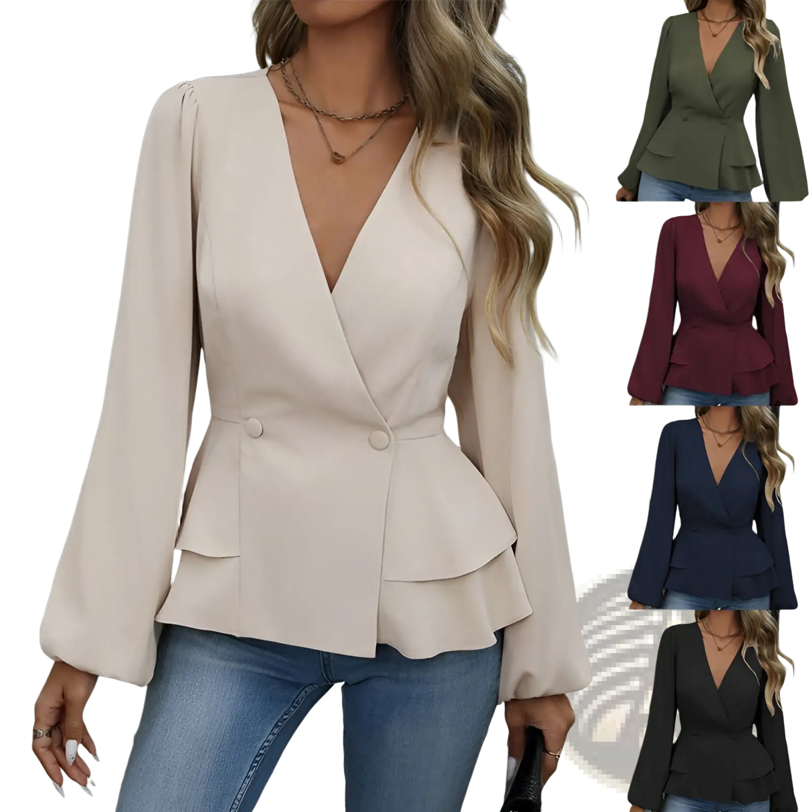 Beige v neck peplum blazer jacket with long bell sleeves in lightweight fabric for formal and office wear