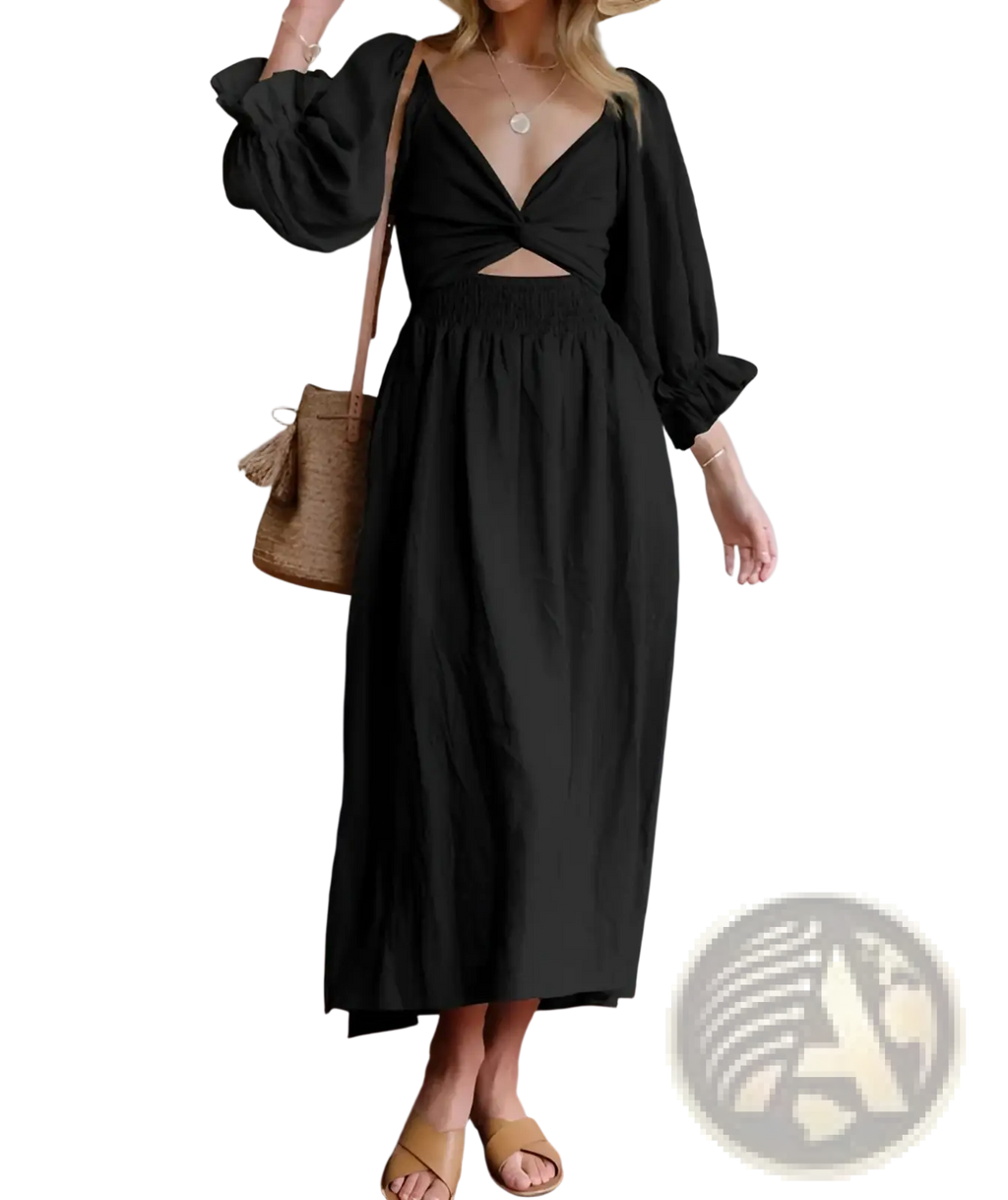 Black flowing maxi dress with deep v-neckline and waist cutout from v-neck lantern sleeve reversible midi dress collection