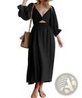 Black flowing maxi dress with deep v-neckline and waist cutout from v-neck lantern sleeve reversible midi dress collection