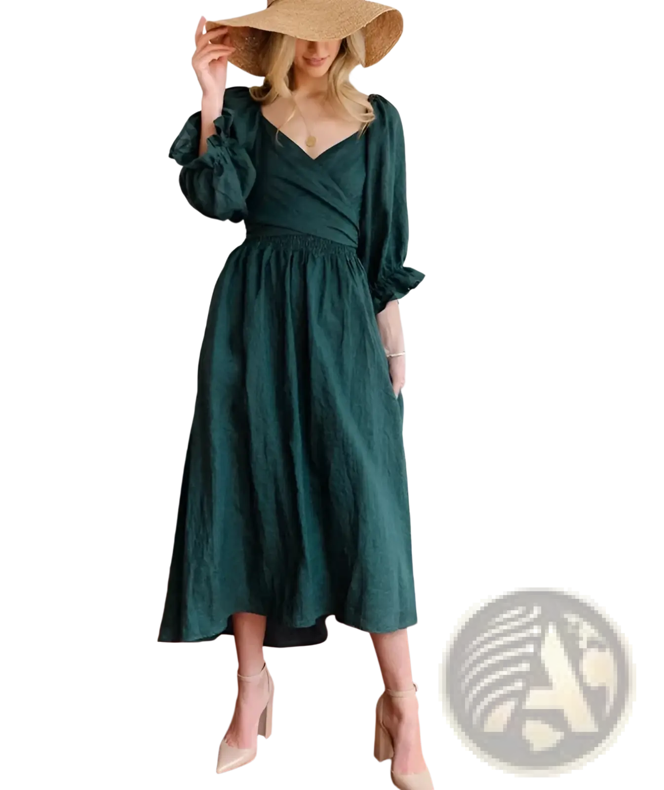A deep emerald green v-neck lantern sleeve reversible midi dress with puffed sleeves and gathered waist