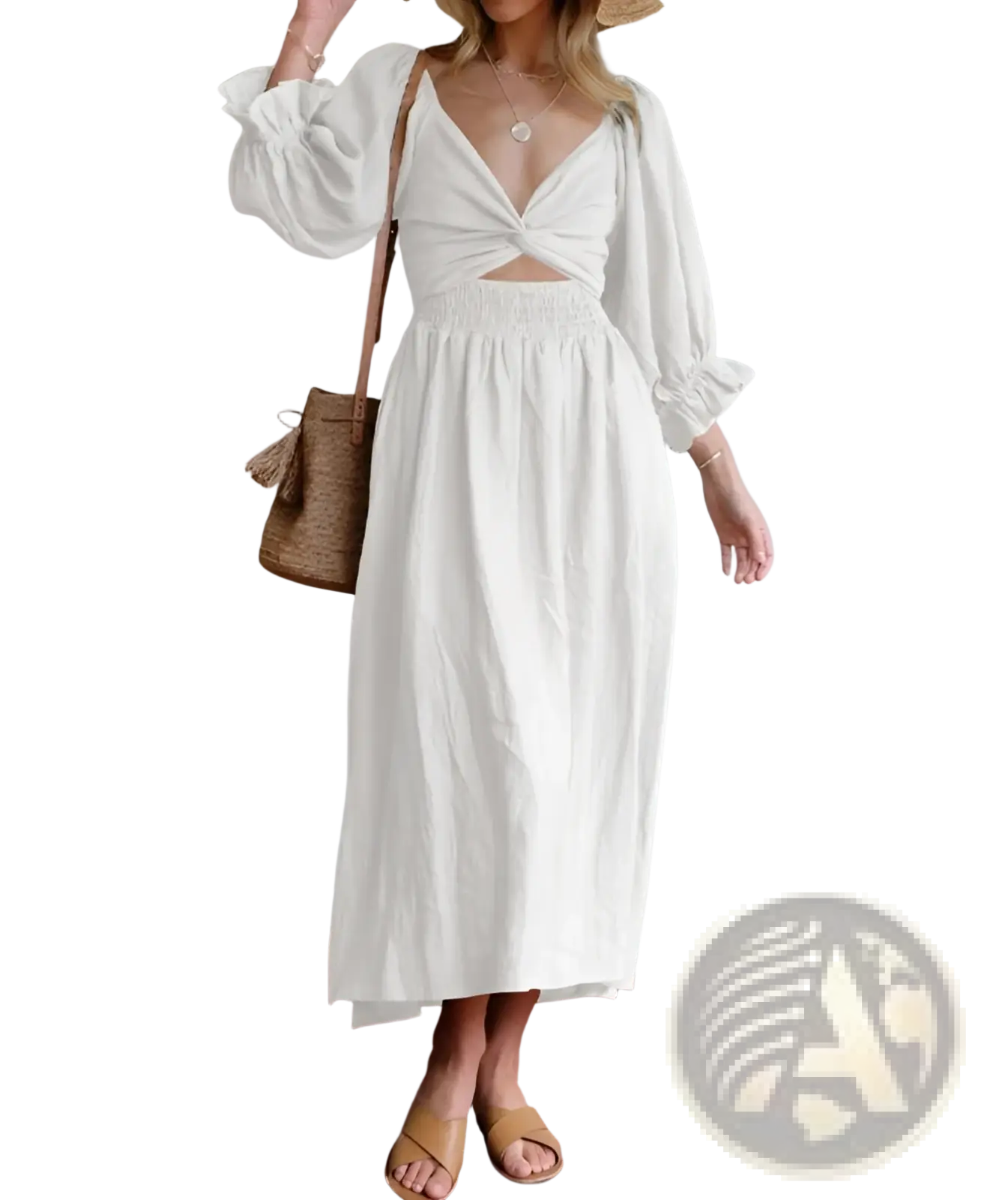 A flowing white cotton v-neck lantern sleeve reversible midi dress with deep v-neckline smocked waistband and puffed sleeves