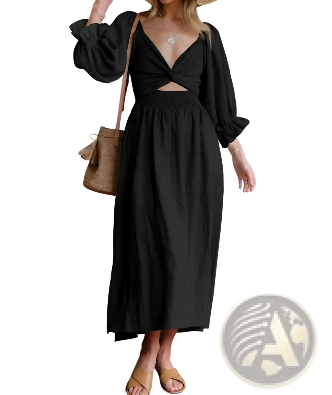 Black flowing maxi dress with deep v-neckline and waist cutout from v-neck lantern sleeve reversible midi dress collection