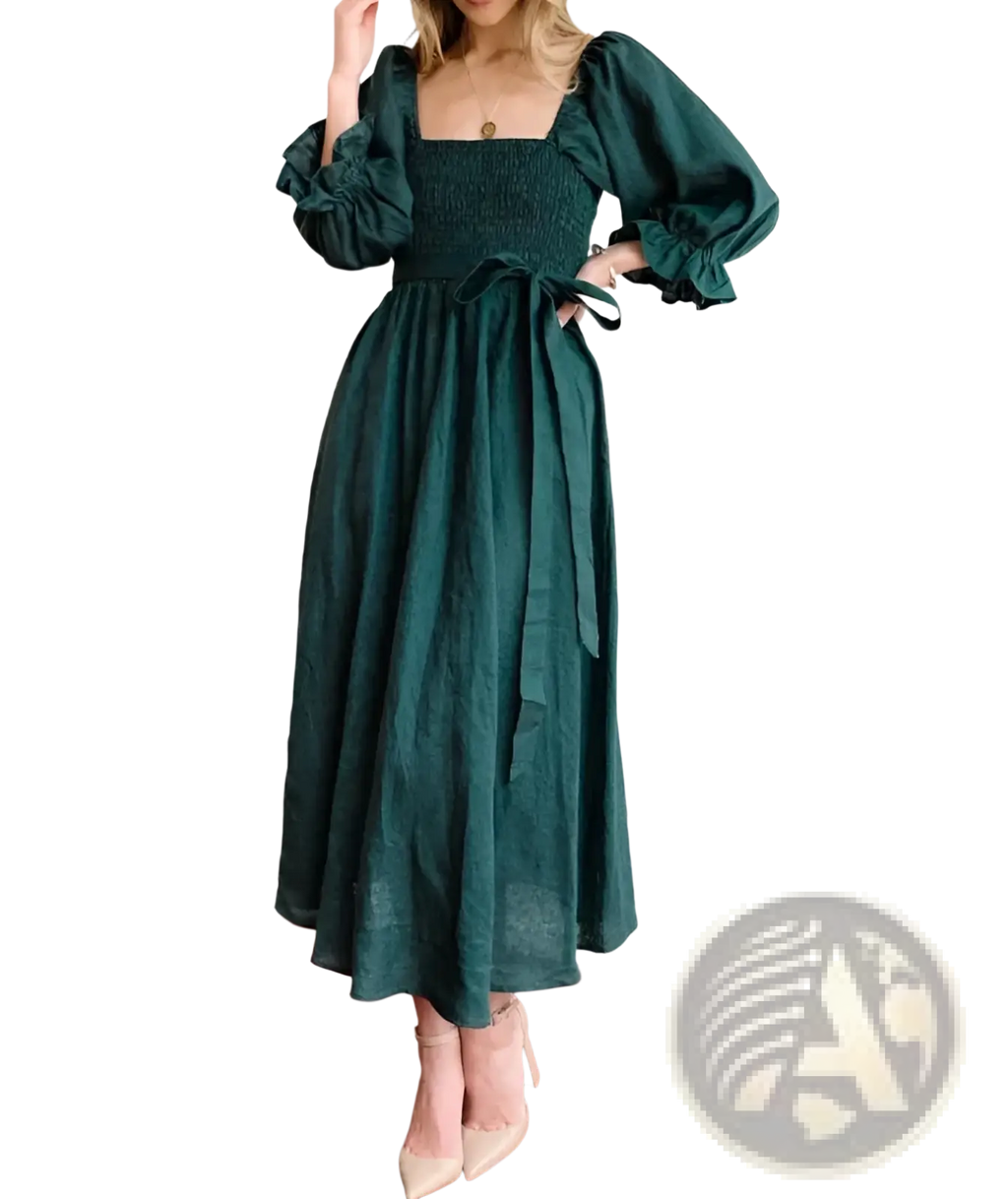 A deep emerald green long-sleeved midi dress with square neckline and smocked bodice reversible for versatile wear