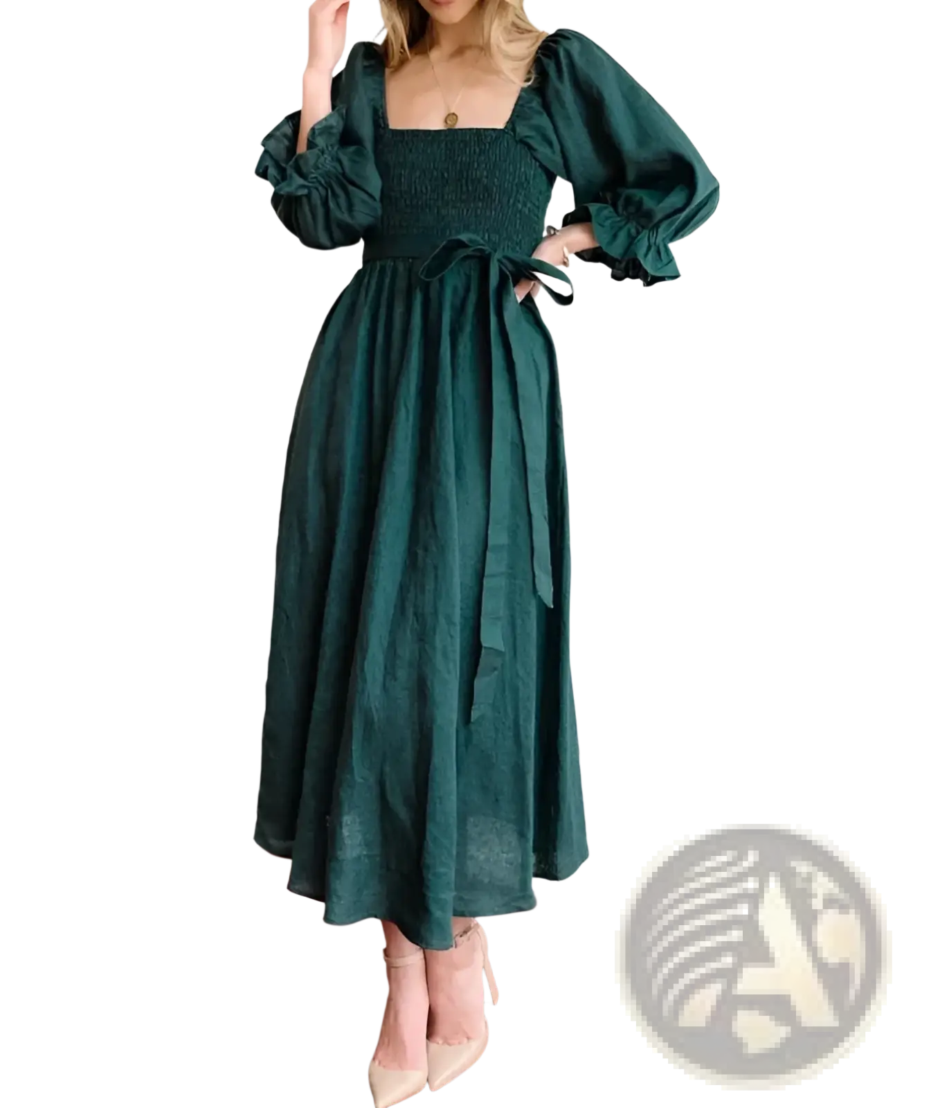 A deep emerald green long-sleeved midi dress with square neckline and smocked bodice reversible for versatile wear