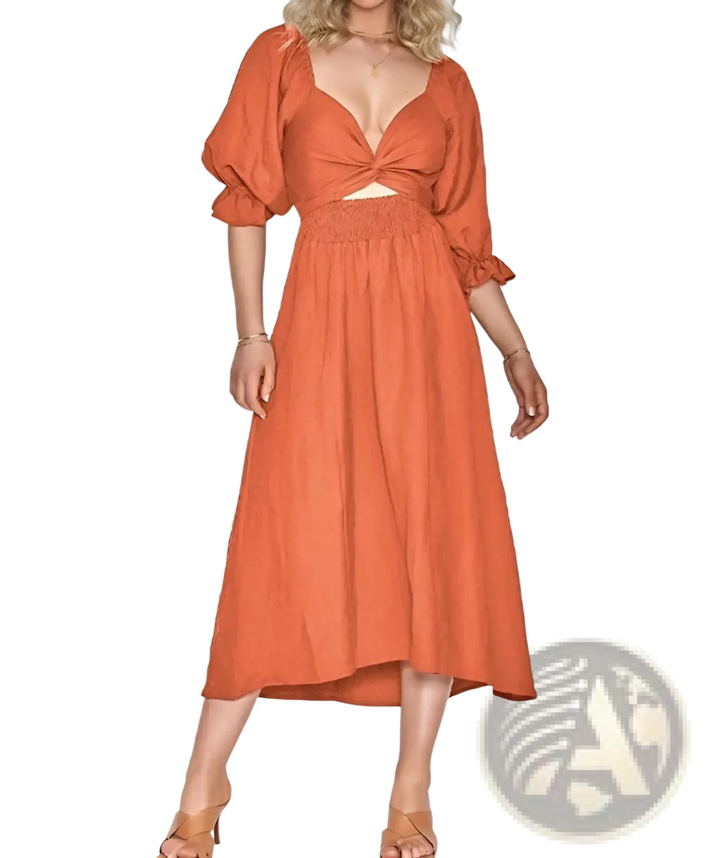 A flowing orange v neck lantern sleeve reversible midi dress with puffed sleeves and a tied waistband
