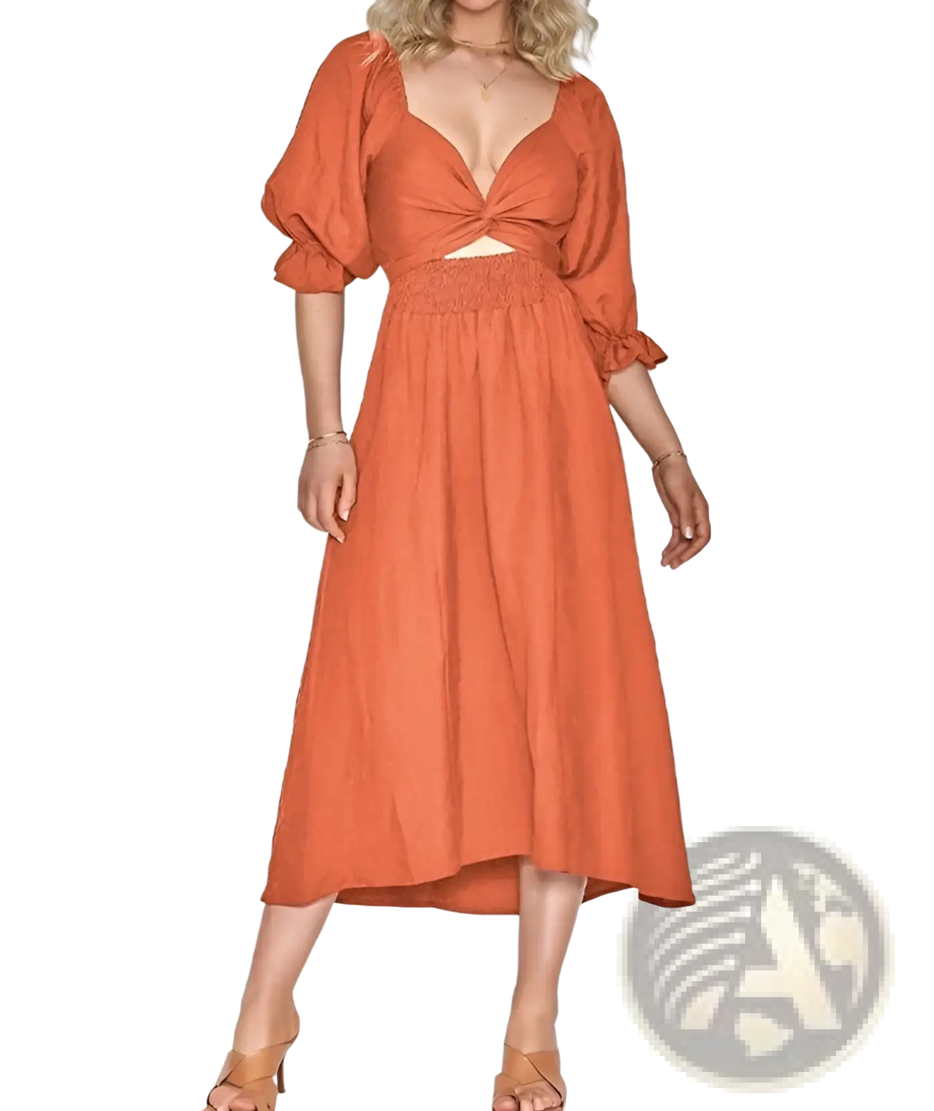 A flowing orange v neck lantern sleeve reversible midi dress with puffed sleeves and a tied waistband