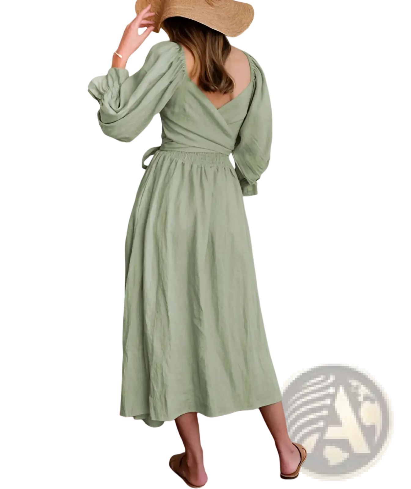 A soft sage green v-neck lantern sleeve reversible midi dress with long puffed sleeves and gathered waist
