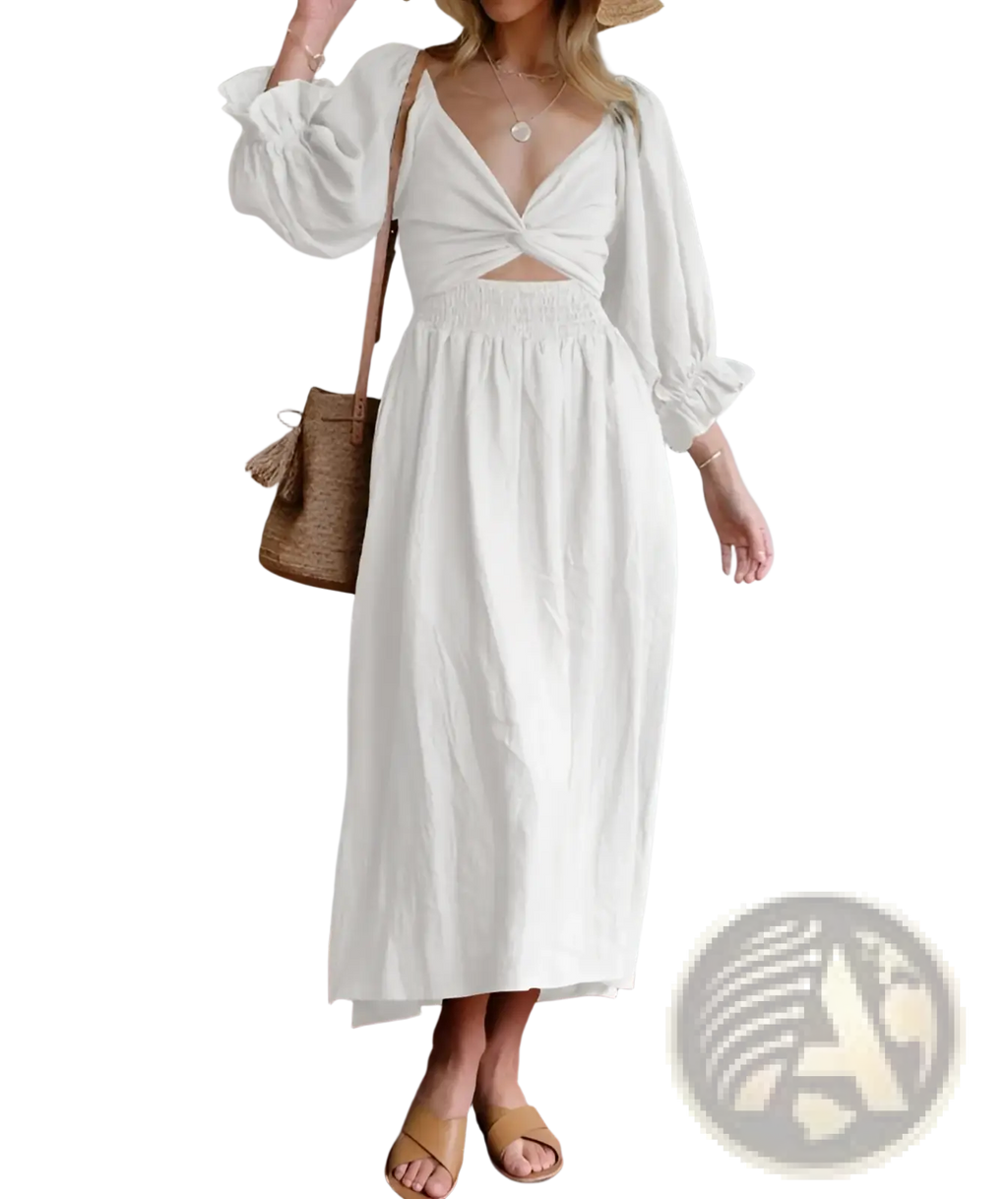 A flowing white cotton v-neck lantern sleeve reversible midi dress with deep v-neckline smocked waistband and puffed sleeves