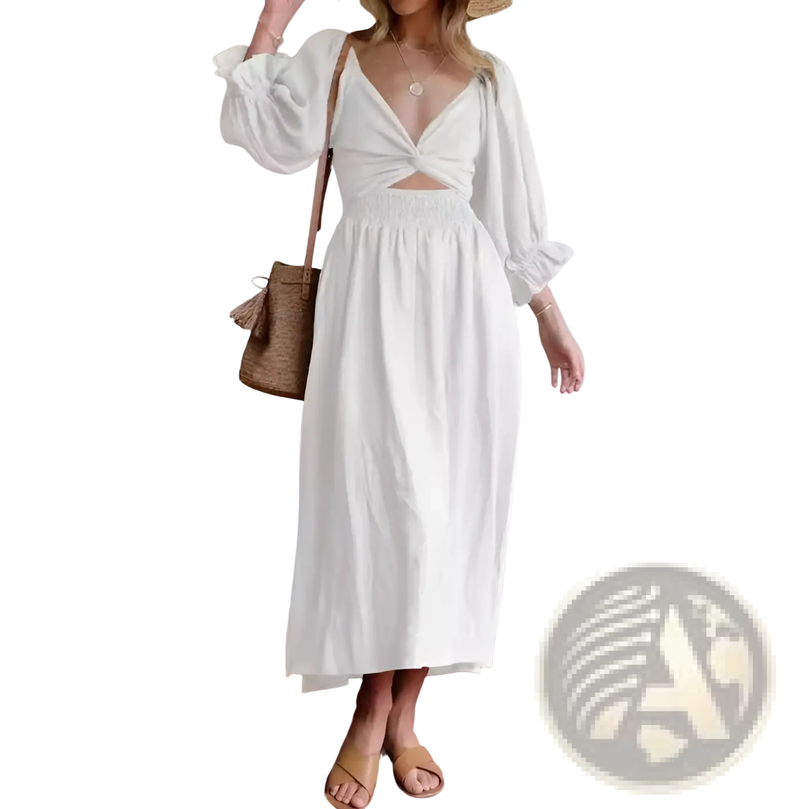 White flowing maxi dress with deep v-neckline and smocked waistband from v-neck lantern sleeve reversible midi dress collection