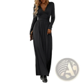 Black long sleeve maxi dress with v neck lace detailing and ruched fitted waistband with slit for elegant occasions