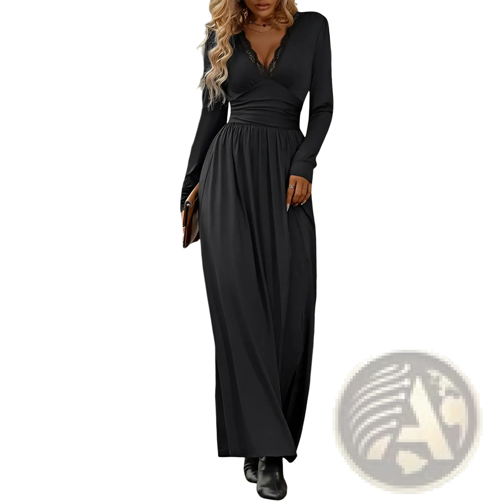 Black long sleeve maxi dress with v neck lace detailing and ruched fitted waistband with slit for elegant occasions
