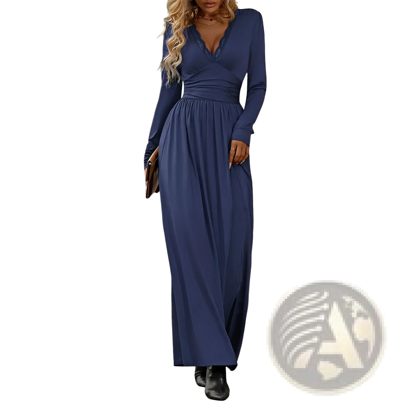 A navy blue long sleeve maxi dress with v neck and subtle ruching at the waist for elegant occasions