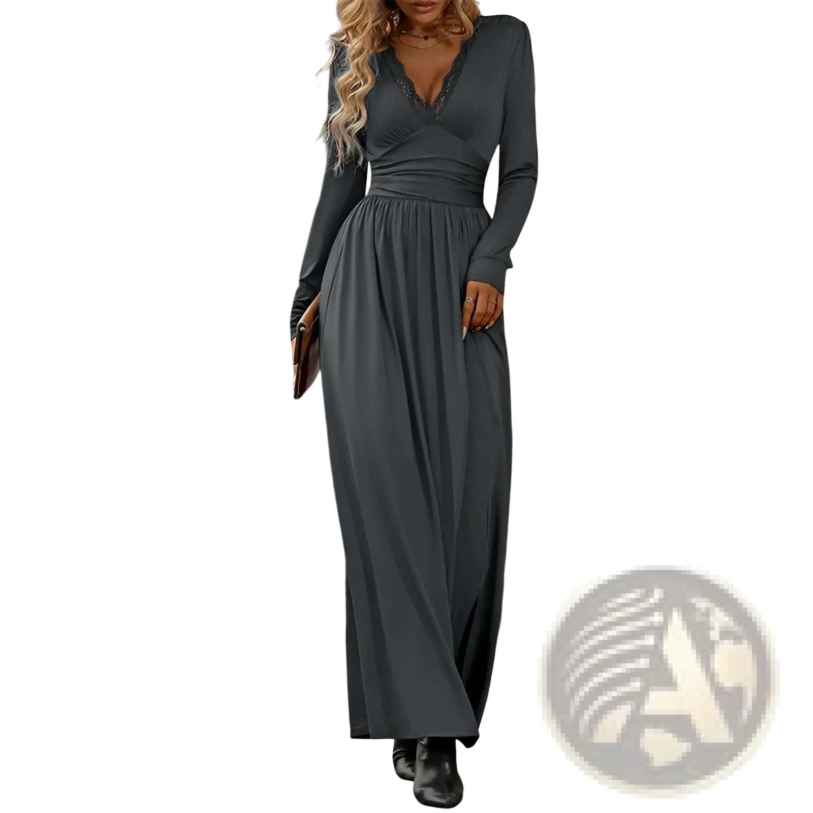 A long dark gray v neck maxi dress with long sleeves ruched detail and a flowing slit skirt