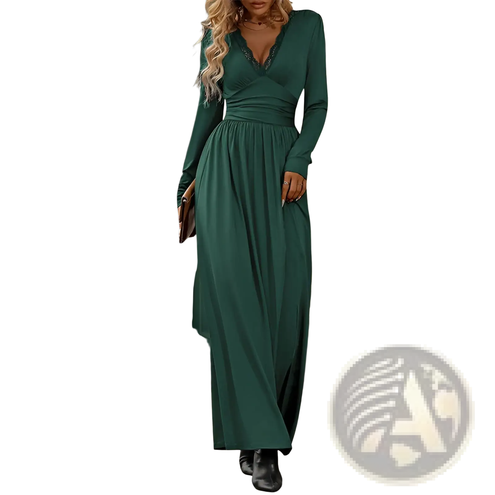 A long emerald green v neck maxi dress with lace trim at the collar featuring ruched long sleeves and a slit