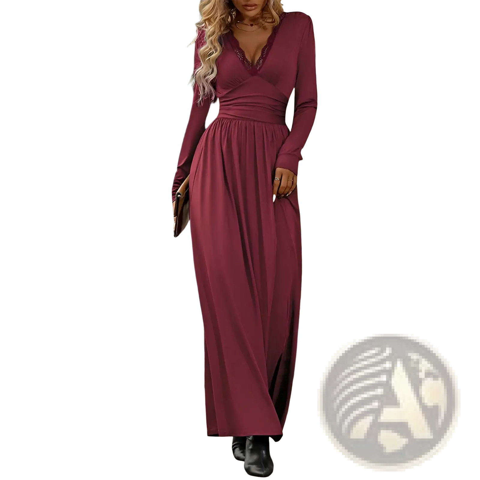 A flowing maroon long sleeve maxi dress with v neck and subtle ruching at the waist for elegant occasions